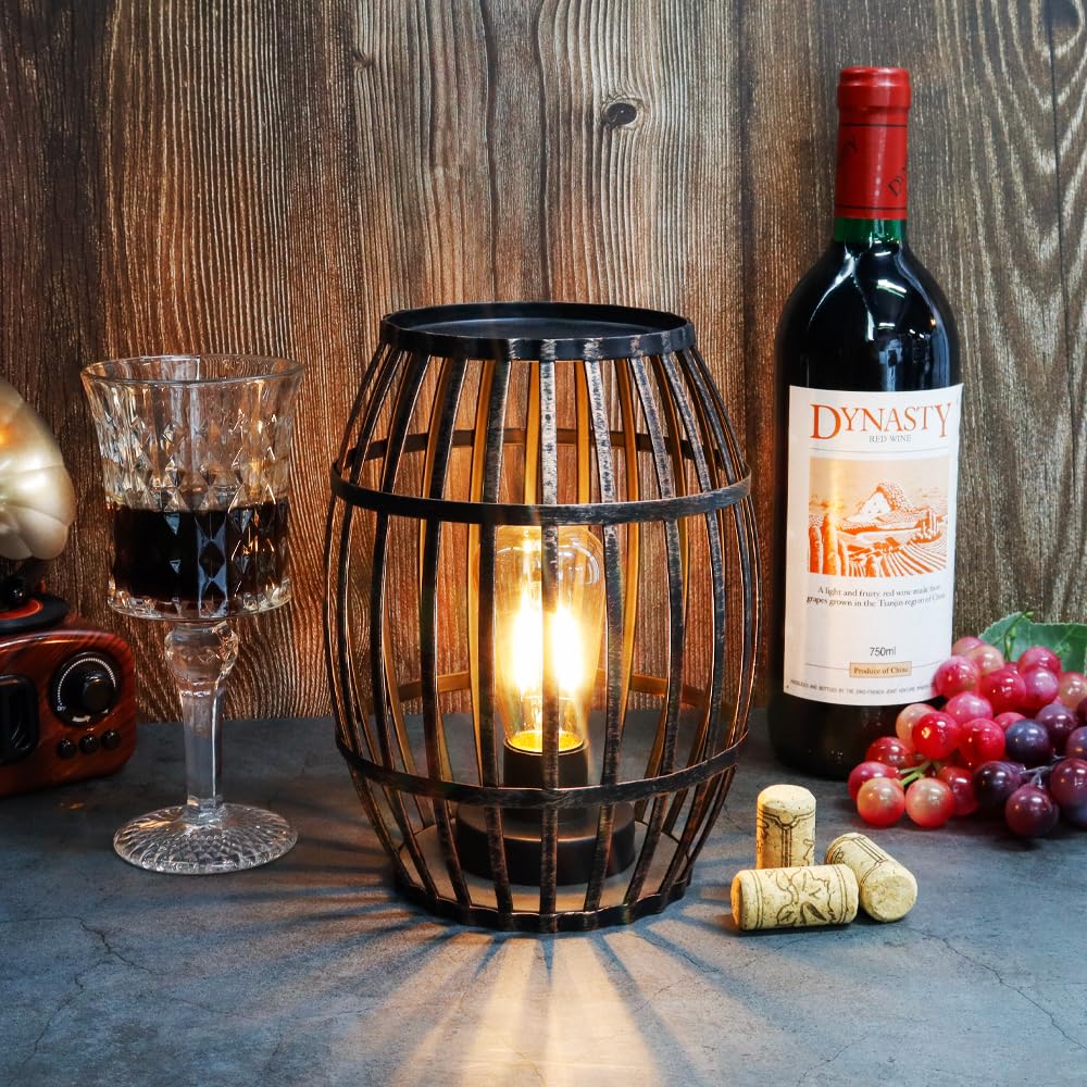 Decorative Table Lamp Battery Powered 8“H Cordless Metal Wine Barrel Lamp with 6-Hour Timer for Tabletop Home Patio Dining Room Living Room(Black Brushed Gold)