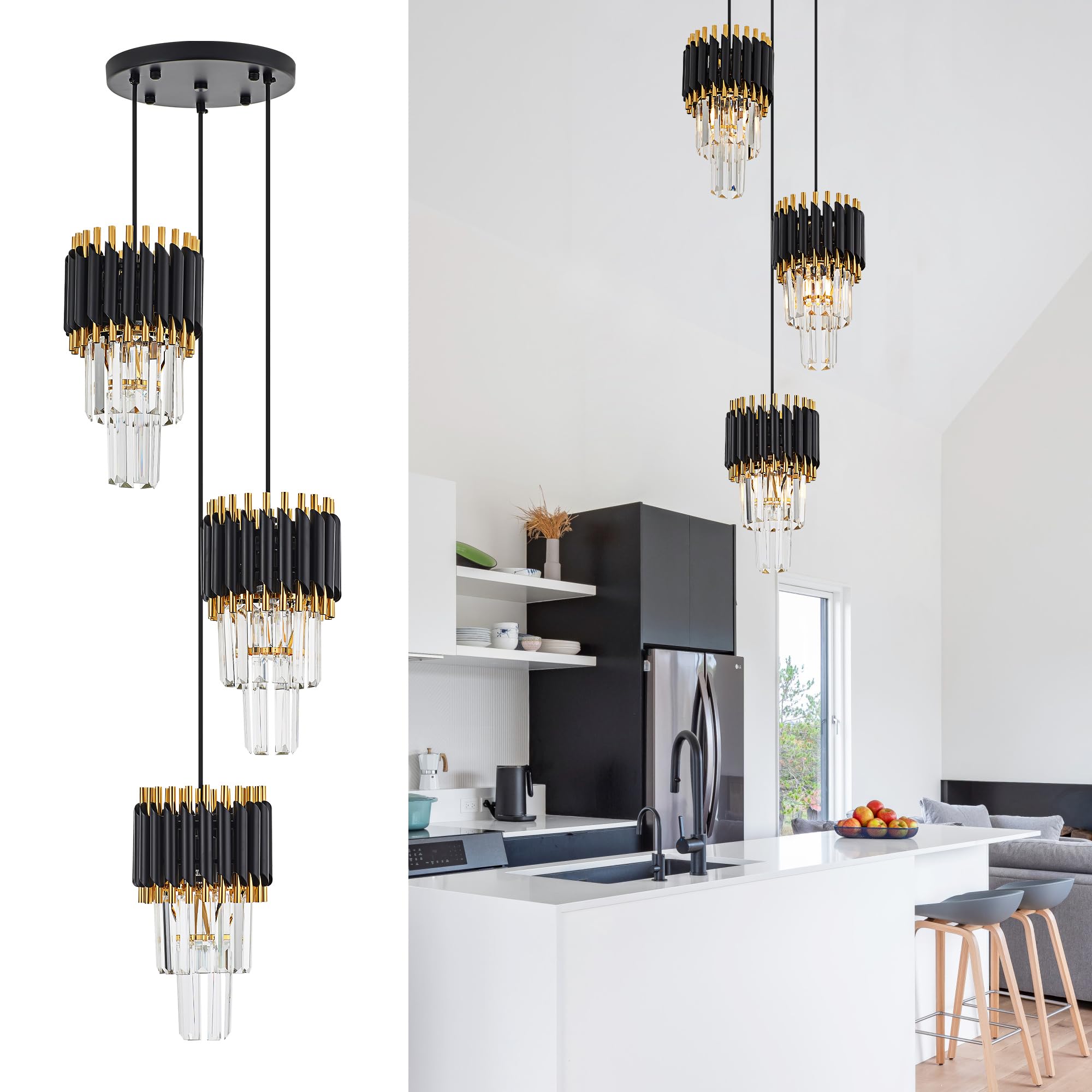 Gold Crystal Pendant Light Mini Modern Luxury Crystal Pendant Light Perfect for Dining Room, Bedroom, Kitchen, Living Room 3-Pack