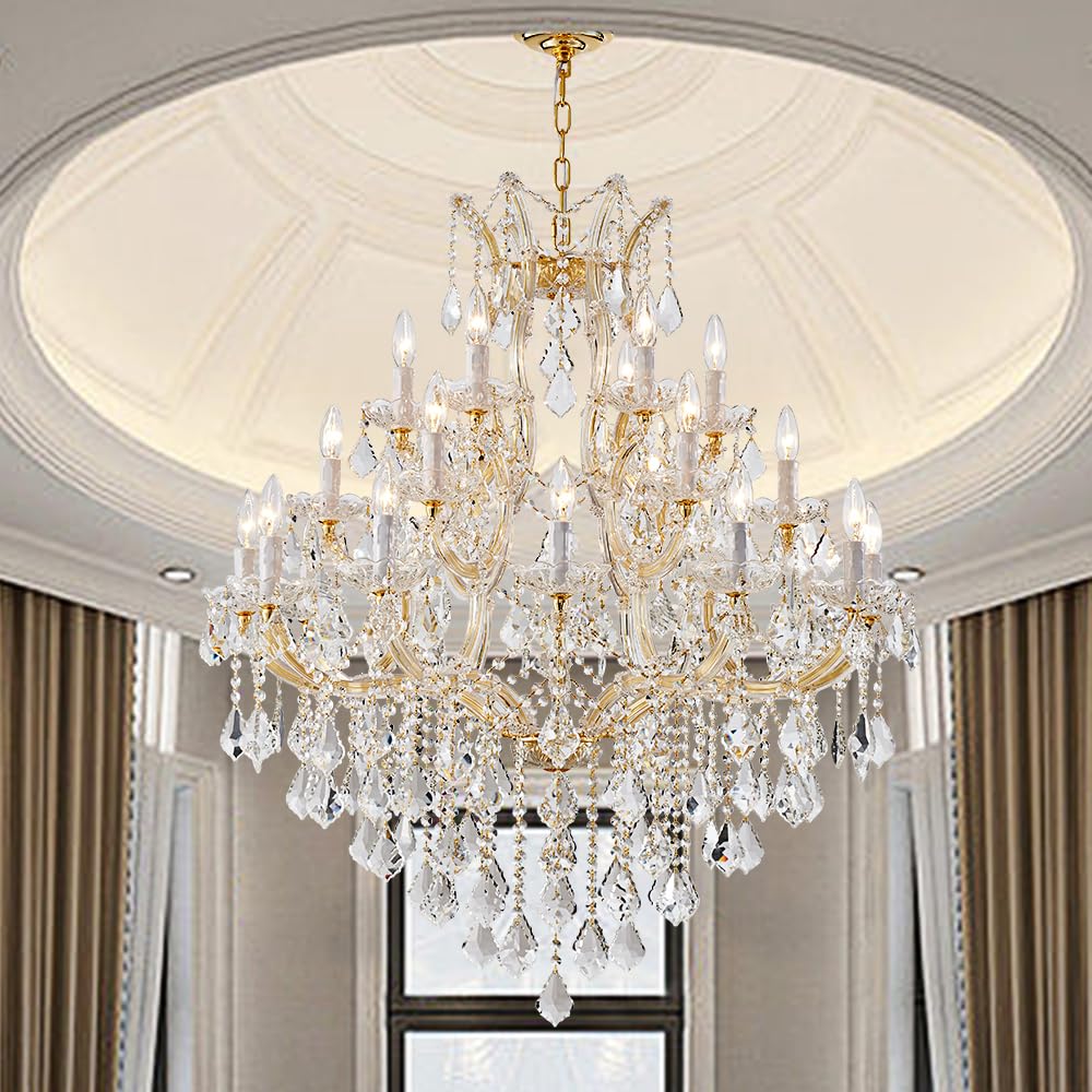 Large Gold Chandelier Light Fixtures - 36 Lights, 4 Layers Modern Crystal Chandeliers for Hotel, Lobby, Foyer, Entrance Hall, Staircase