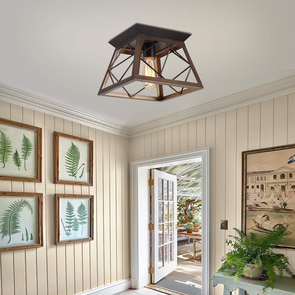 Farmhouse Ceiling Light Oak Semi Flush Mount Vintage 4-Light Square Rustic Island Light Fixtures for Entryway Hallway Dining Room Living Room Bedroom