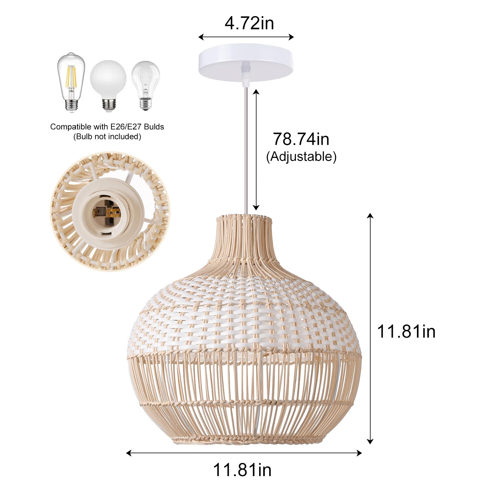 White Rattan Pendant Lights, Farmhouse Coastal Wicker Hanging Ceiling Lighting Chandelier, Handmade Woven Lampshade for Kitchen Island