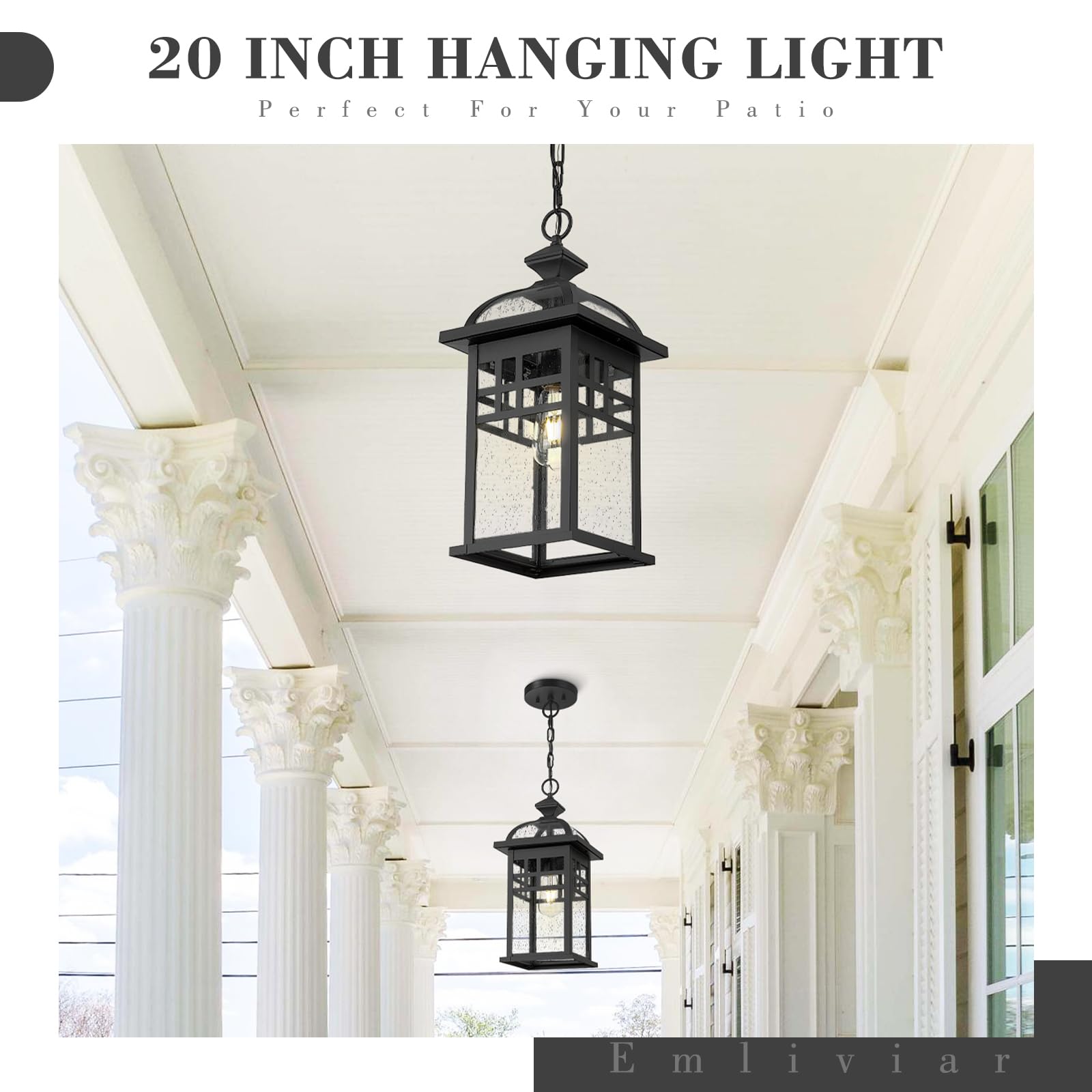 20 Inch Outdoor Pendant Light for Porch, Outdoor Chandelier for Porch, Die-Cast Aluminum with Seeded Glass, Black Finish, DE281H-M BK