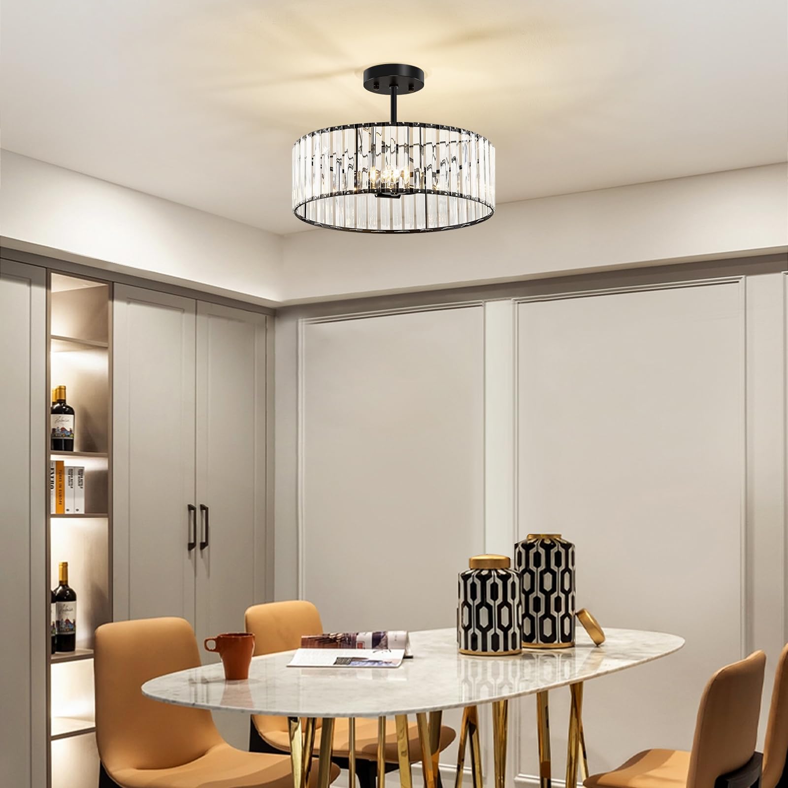 Modern Gold Semi Flush Mount Ceiling Light Crystal Hallway Light Fixture Metal Close to Ceiling Lamp for Kitchen Living Room Bathroom Entryway Bedroom