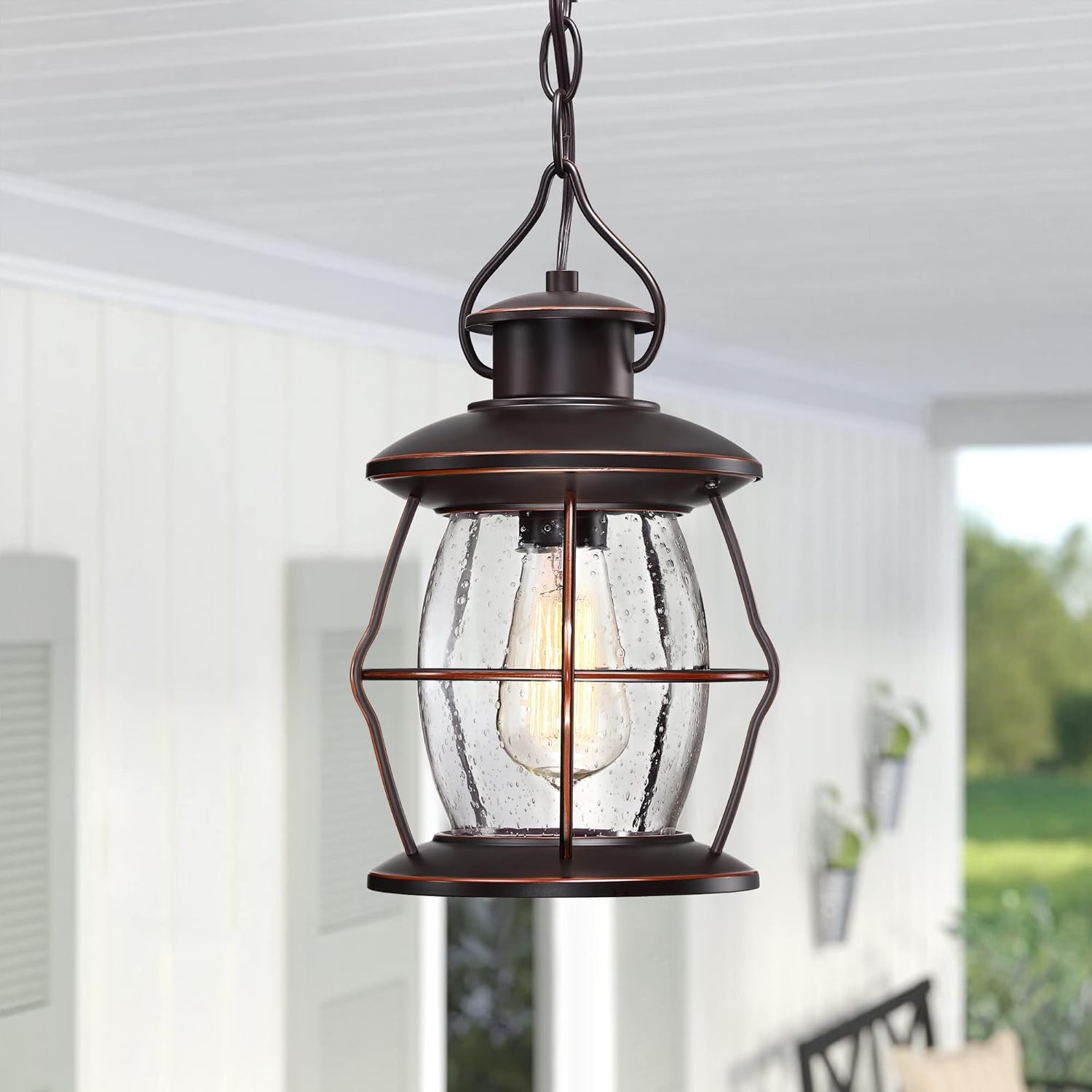 Outdoor Pendant Light, Farmhouse Exterior Hanging Light Fixture with Adjustable Chain,Oil Rubbed Bronze Porch Light with Bubble Glass for Front Door Ceiling Entry Patio