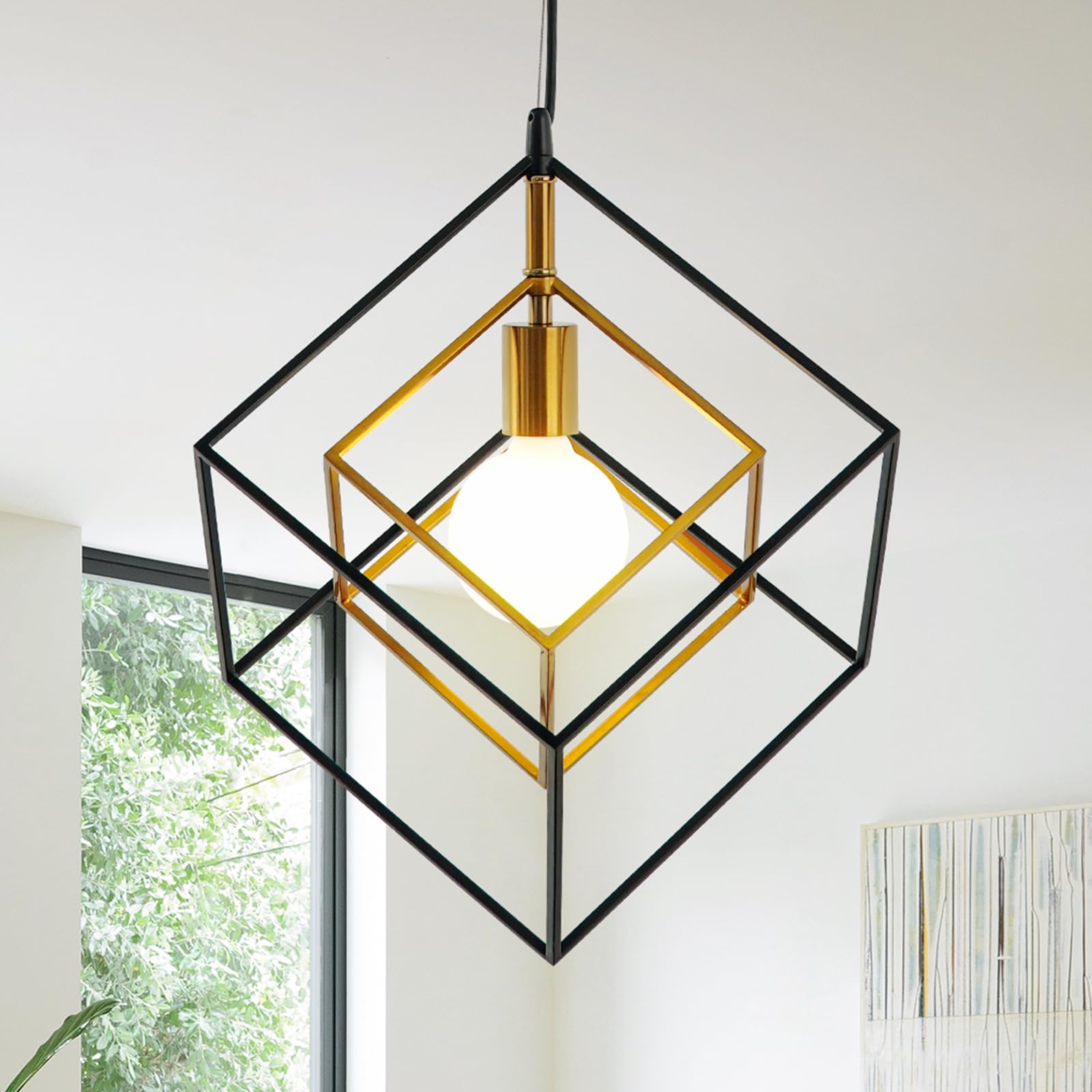 Modern Geometric Chandelier, 1-Light Metal Pendant Light Fixture Black Brass Hanging Ceiling Light Industrial Farmhouse Cube Lighting for Kitchen Island Entryway, E26 Base