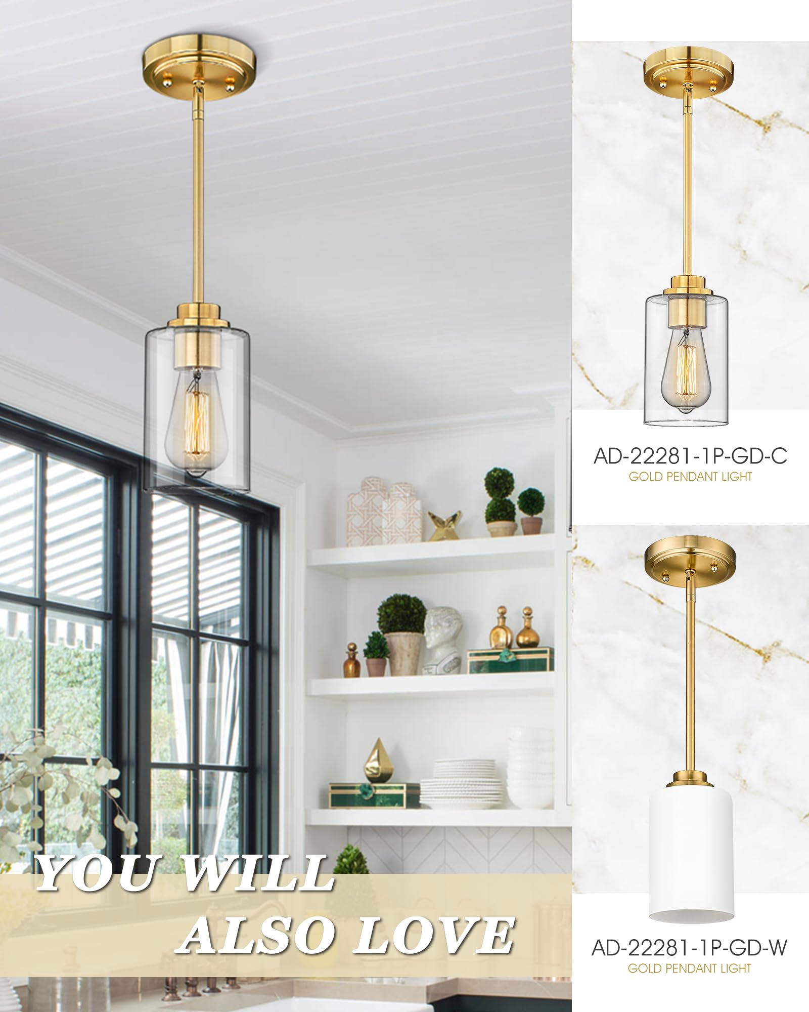 Brass Pendant Lights Kitchen Island 2 Pack, Farmhouse Gold Pendant Light with Clear Glass Globe Shade, Kitchen Island Lighting for Dining Room Entryway, AD-22280-1P2-GD-C