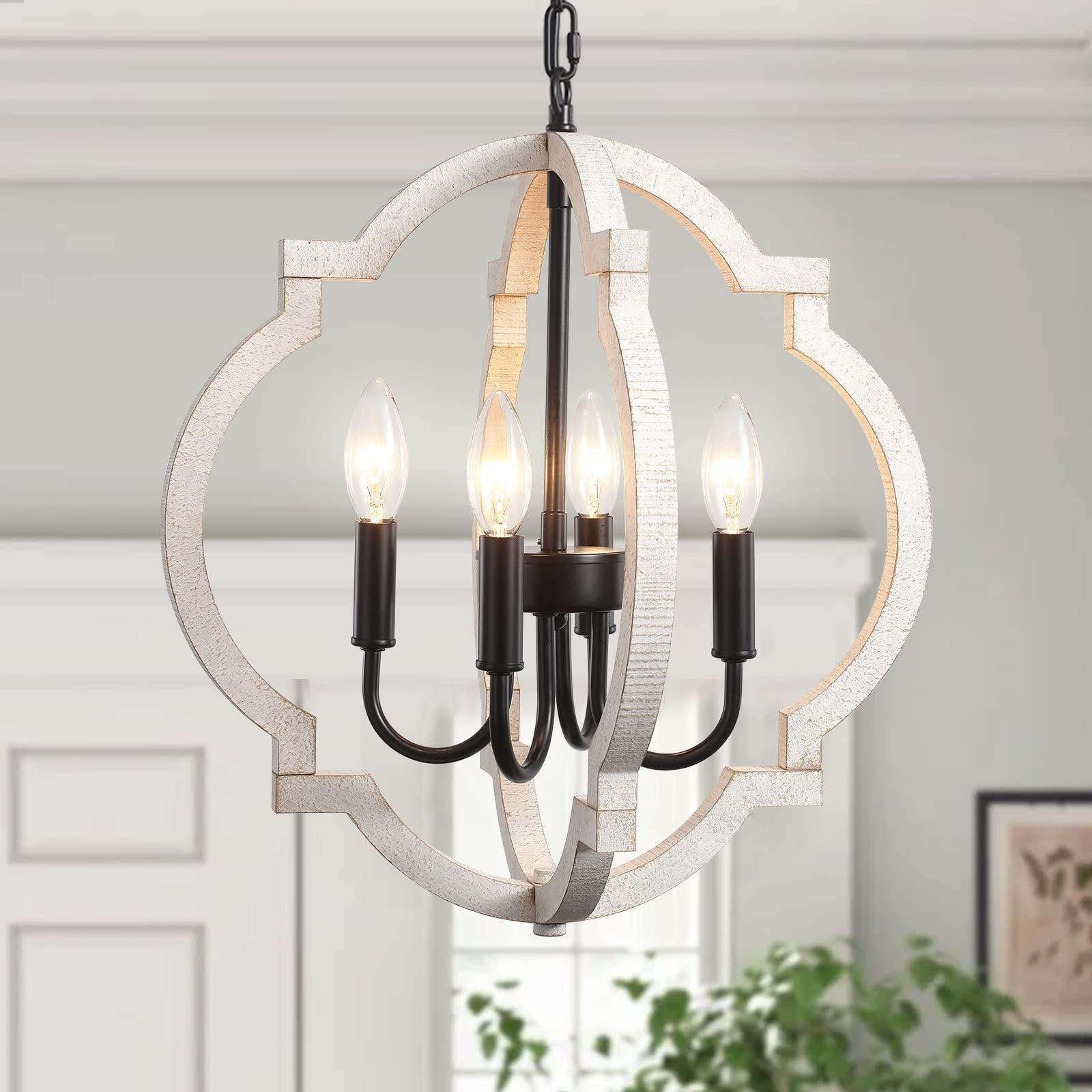 Farmhouse Rustic Wood Light Fixture Distressed White Dining Room Pendant Chandelier French Country 4 Light Candle Hanging Lamp for Kitchen Island Living Room Bedroom Entryway Foyer