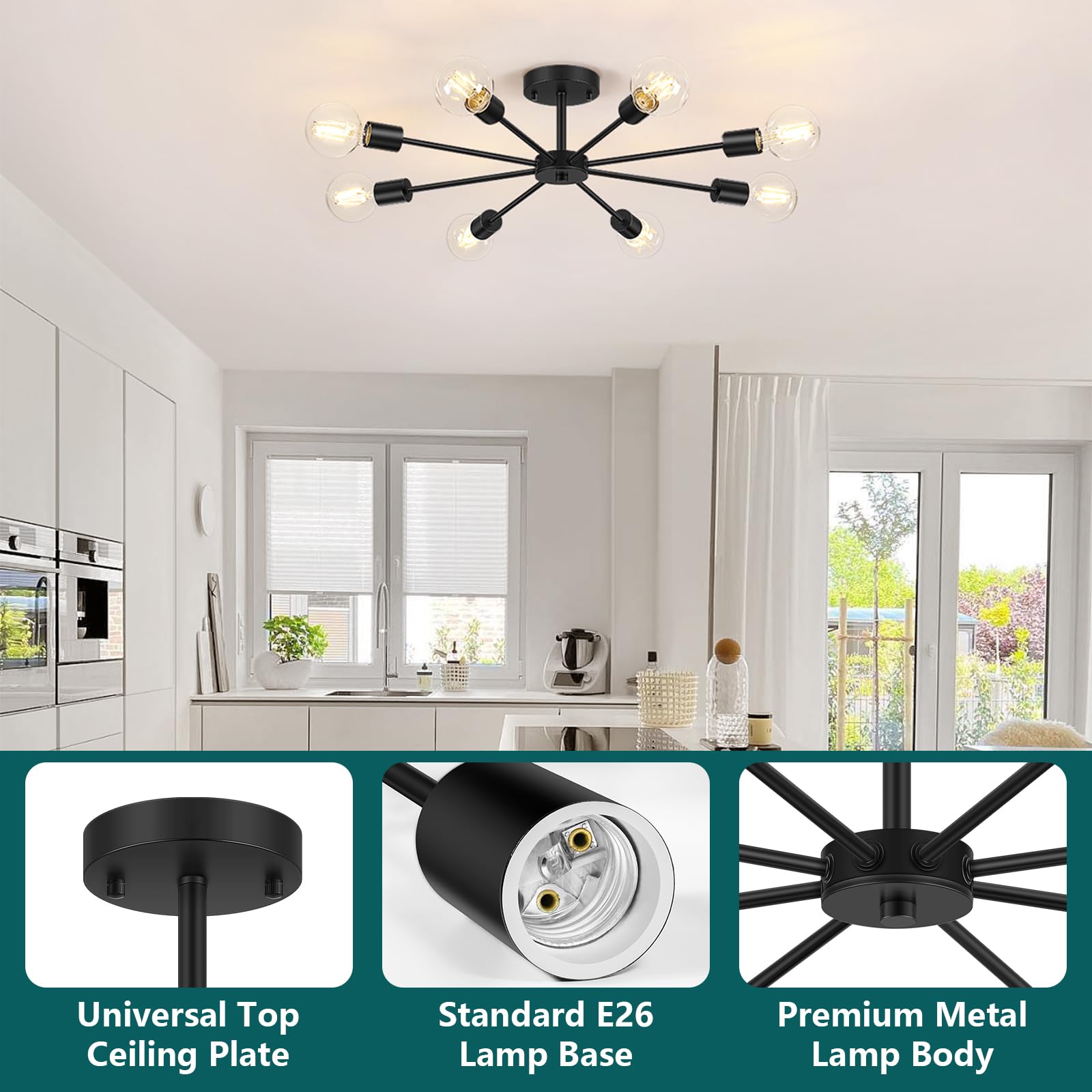 6-Lights Semi Flush Mount Ceiling Light, Matte Black Close to Ceiling Lighting with E26 Base, Modern Sputnik Light Fixtures for Kitchen Dining Room Bedroom Living Room