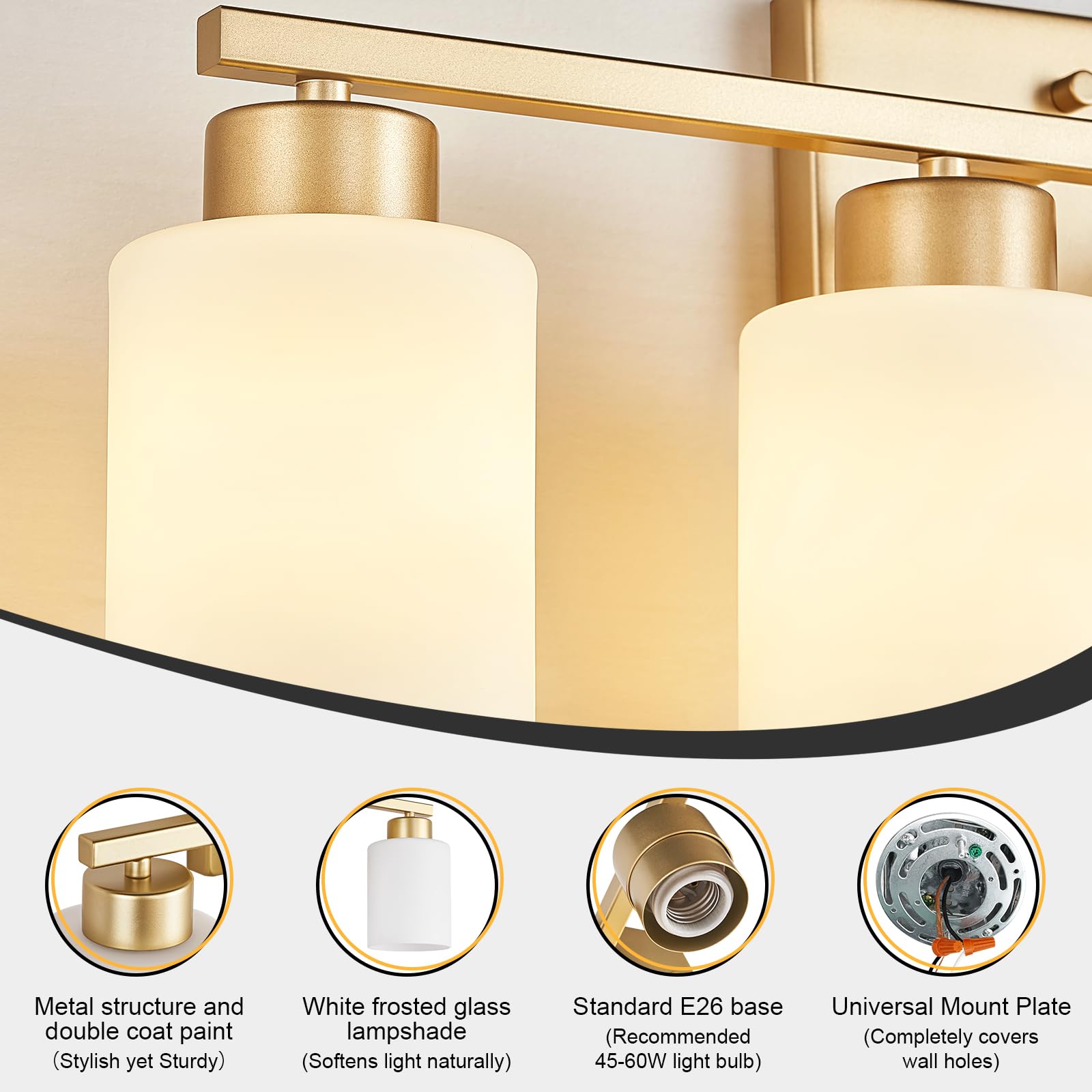 Brushed Nickel Bathroom Light Fixtures, 3-Light Modern Vanity Light Over Mirror, Wall Sconces with Milky White Frosted Glass Shades, E26 Socket (Bulbs Not Included)