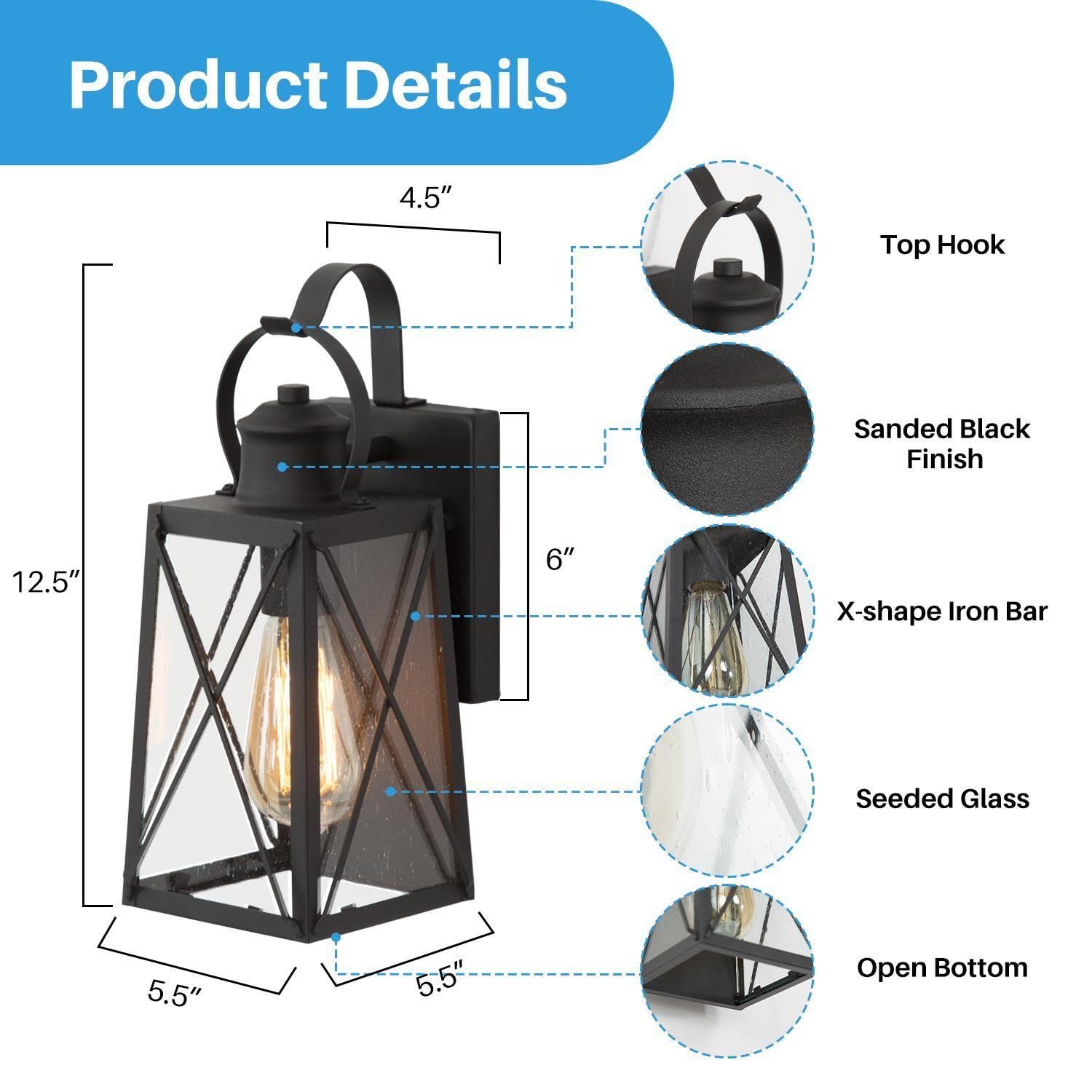 Outdoor Wall Lights, Exterior Wall Sconces Light Fixture with Seeded Glass, Waterproof and Anti-Rust Lanterns for Front Door, Entry, Porch, Patio, and Gazebo