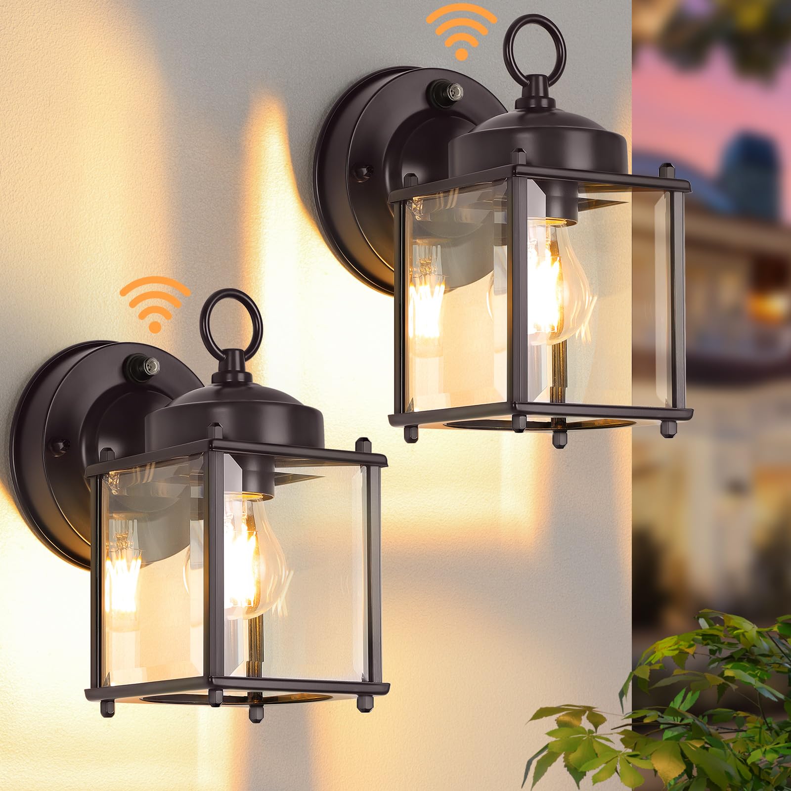 Sensor Outdoor Wall Sconce, Exterior Waterproof Wall Mount Lanterns, Black Front Porch Lights with Clear Beveled Glass, 2 Pack