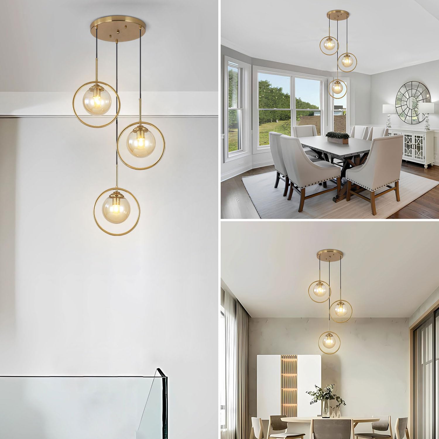 3 Light Pendant Lighting Modern Amber Glass Pendant Light Adjustable Hanging Pendant Lights Ceiling Lighting Fixture for Kitchen Dining Room Living Room Foyer Hallway