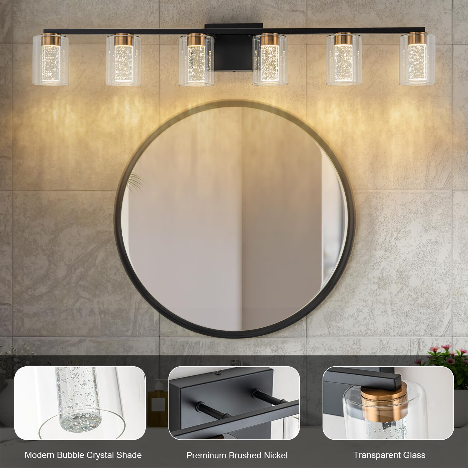 2-Light Brushed Nickel Vanity Light with 3 Color Modes (3000K/4000K/6000K), Eye Protection LED Bathroom Light Fixture, Dimmable Modern Wall Light Over Mirror with Clear Glass Shade