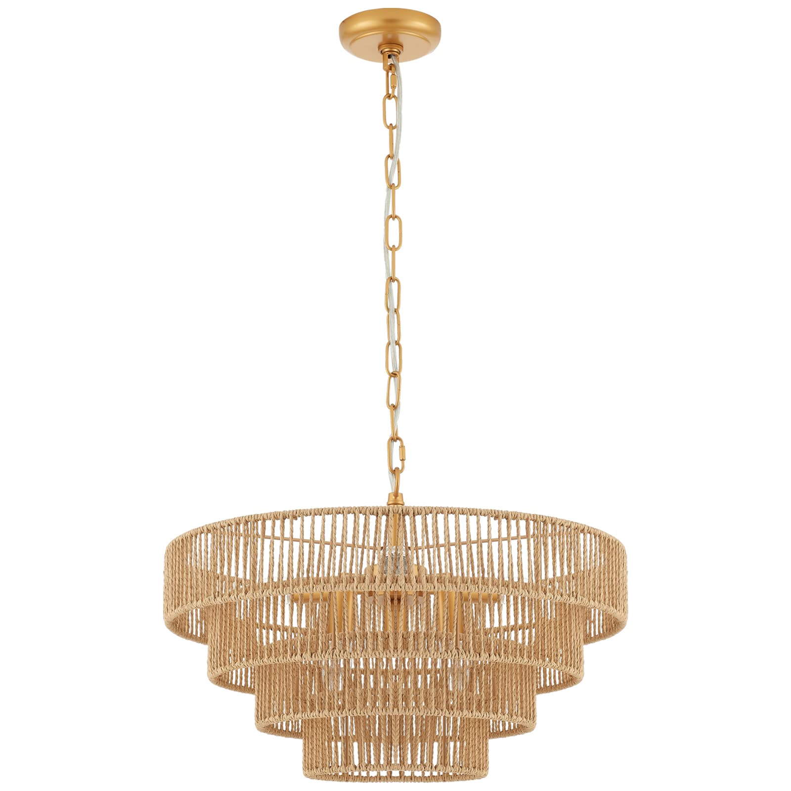 6-Lights Hand-Woven Rattan Pendant Light 4 Round Transitional Minimalist Boho Large Pendant Light for Kitchen Island Dining Room Living Room Hallway, Dia 20 Inch, UL Listed