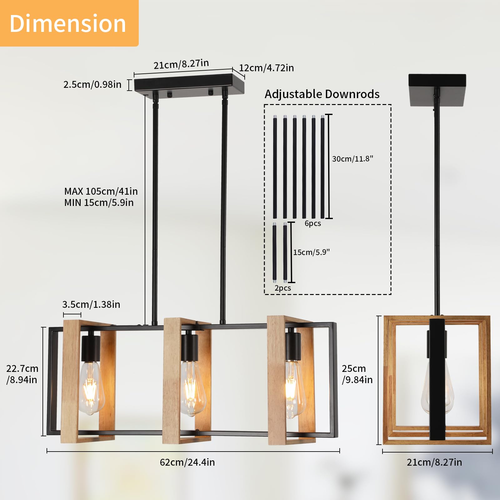 Farmhouse Kitchen Island Lighting Black Pendant Light Fixtures 4-Light Dining Room Lights Wood Chandelier Adjustable Hanging Pendant Lighting for Kitchen Island