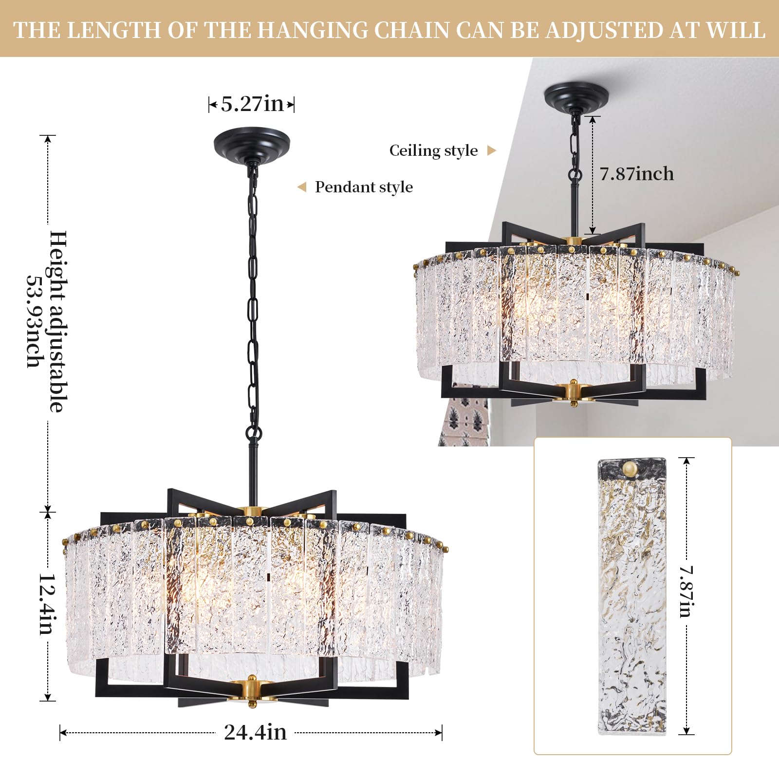 Gold Crystal Chandelier Industrial Pendant Light 11.81 inch Square 4 Lights Modern Vintage Semi Flush Mount Ceiling Light Fixture for Kitchen Island Dining Room Living Room Bedroom