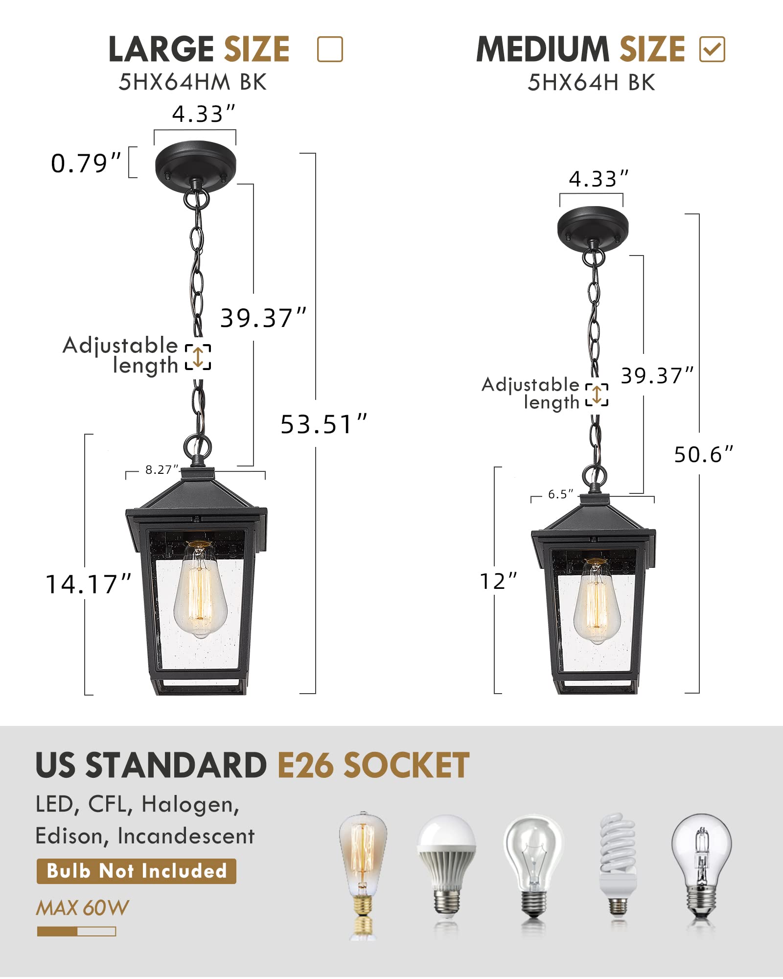 Outdoor Pendant Lights, HWH Farmhouse Exterior Hanging Porch Light, Outside Hanging Lantern with Height Adjustable Chain, Matte Black Finish with Seeded Glass, 5HX64H BK