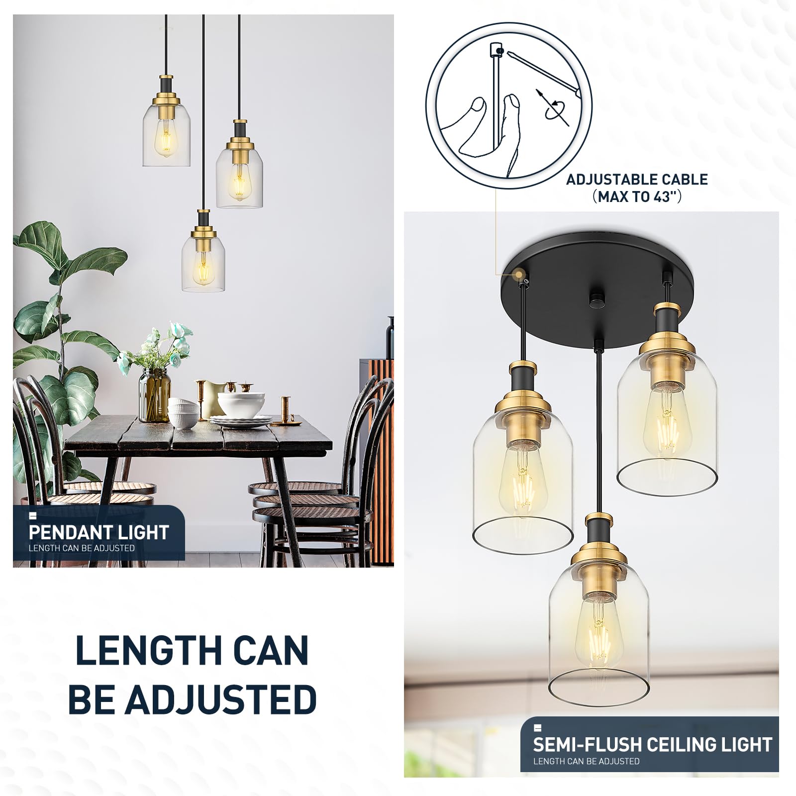 zeyu 3-Light Pendant Light Fixture, Modern Cluster Pendant Lighting, Hanging Light Fixture for Kitchen Island, Clear Glass Shade, Black and Gold Finish, ZG33-3 BK+BG