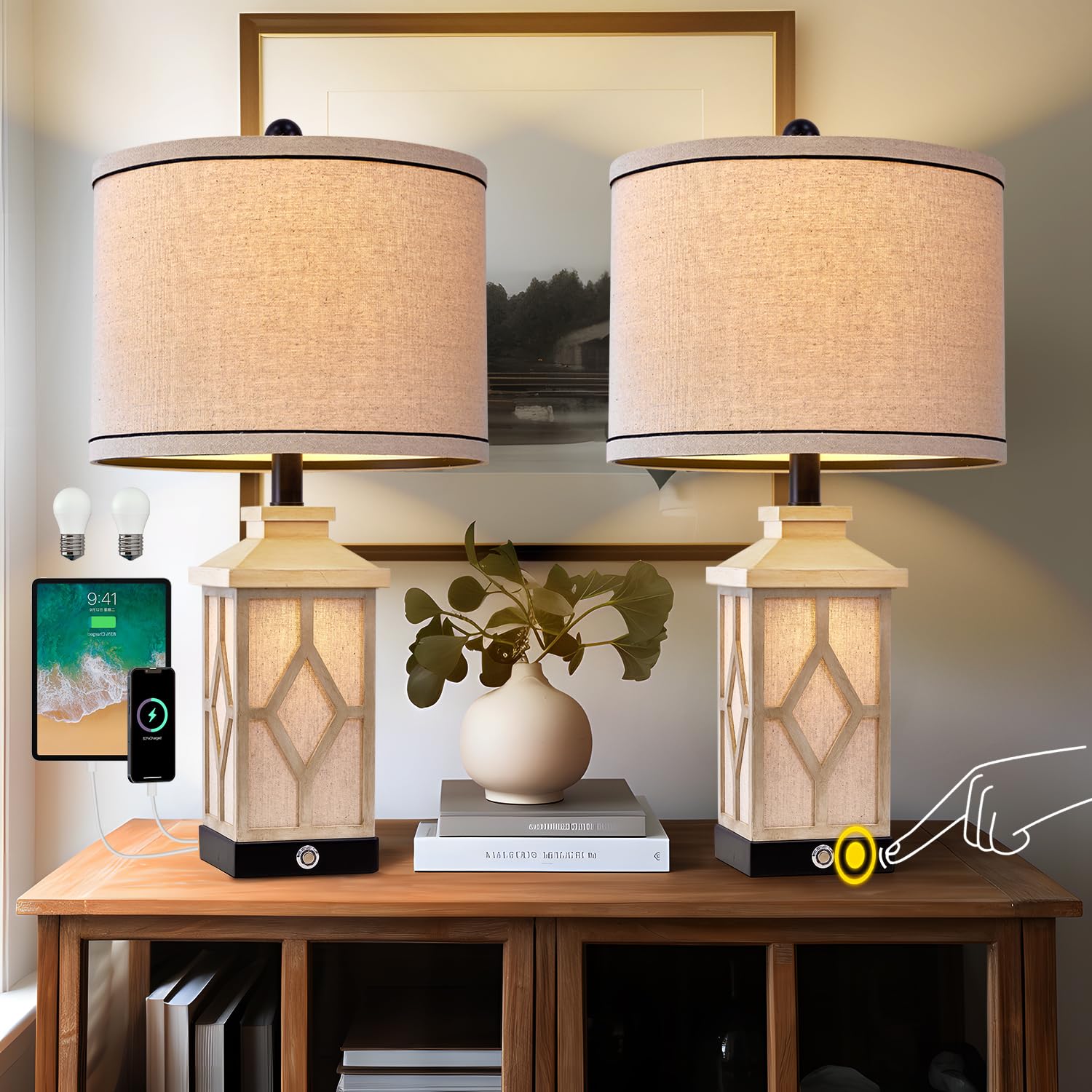 Touch Table Lamps Set of 2 Farmhouse Bedside Lamps with USB A+C Charging Ports 3-Way Dimmable Black Lamps for Living Room Retro Lamps for Night Stands Boho Bedroom Lamps