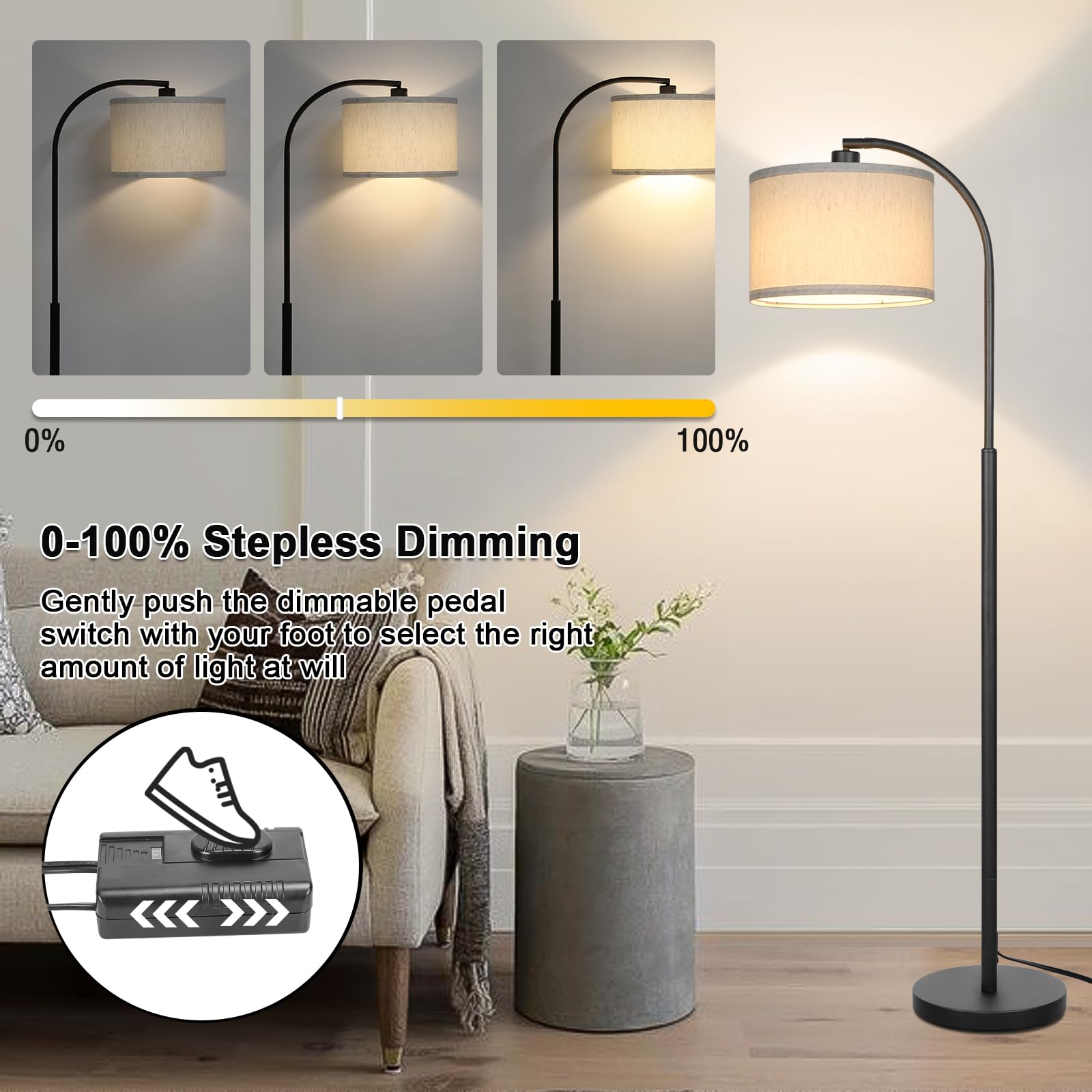 LED Floor Lamp Fully Dimmable Modern Standing Lamp Arc Floor Lamp with Adjustable Drum Shade, Gold Tall Pole Reading Lamp Corner Light for Living Room Bedroom Study Room, Bulb Included