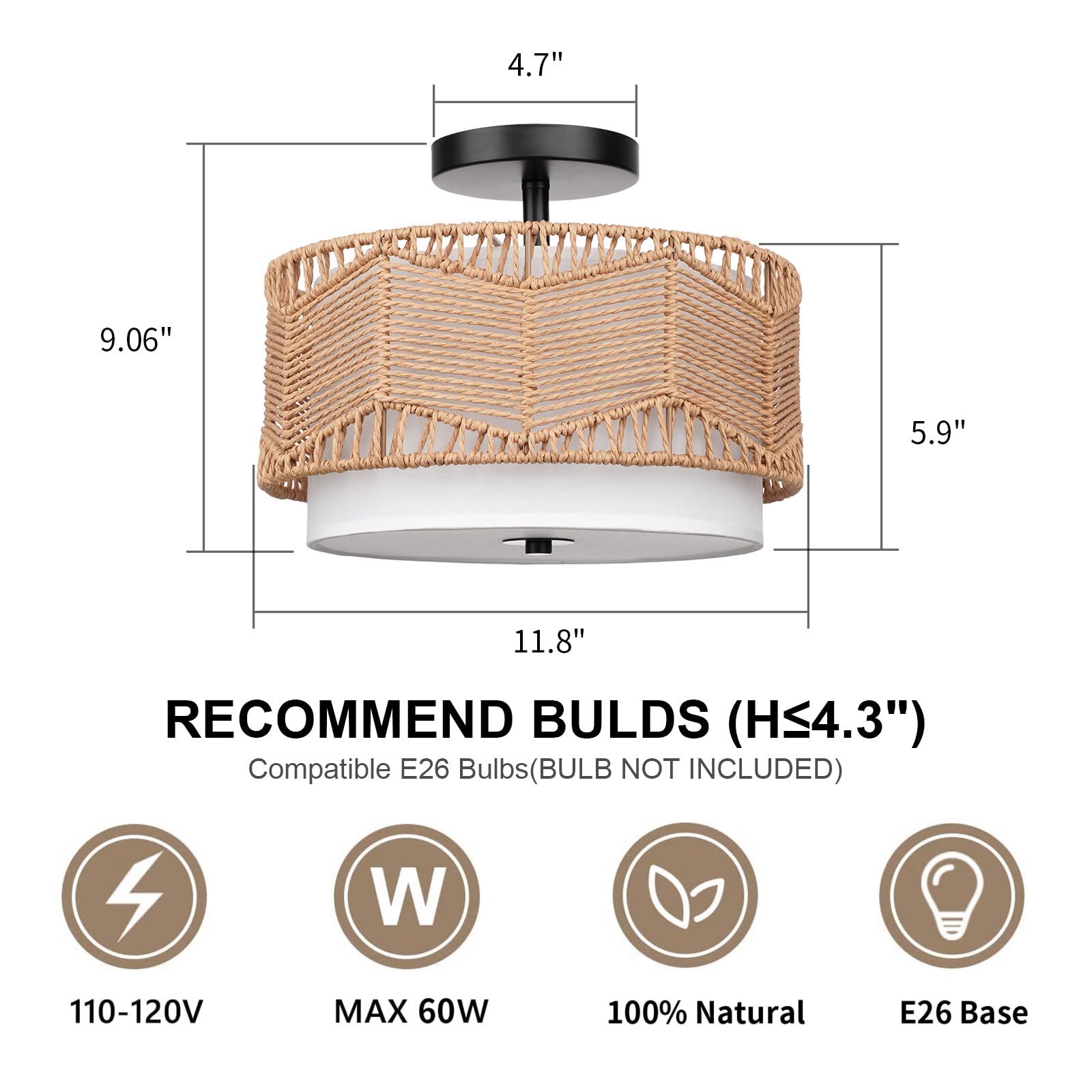 3-Light Semi Flush Mount Ceiling Light Fixture Woven Rattan Light Fixtures Ceiling Mount Boho Light Fixtures with Fabric Shade Ceiling Lights for Bedroom Dining Room Foyer Kitchen Hallway Farmhouse