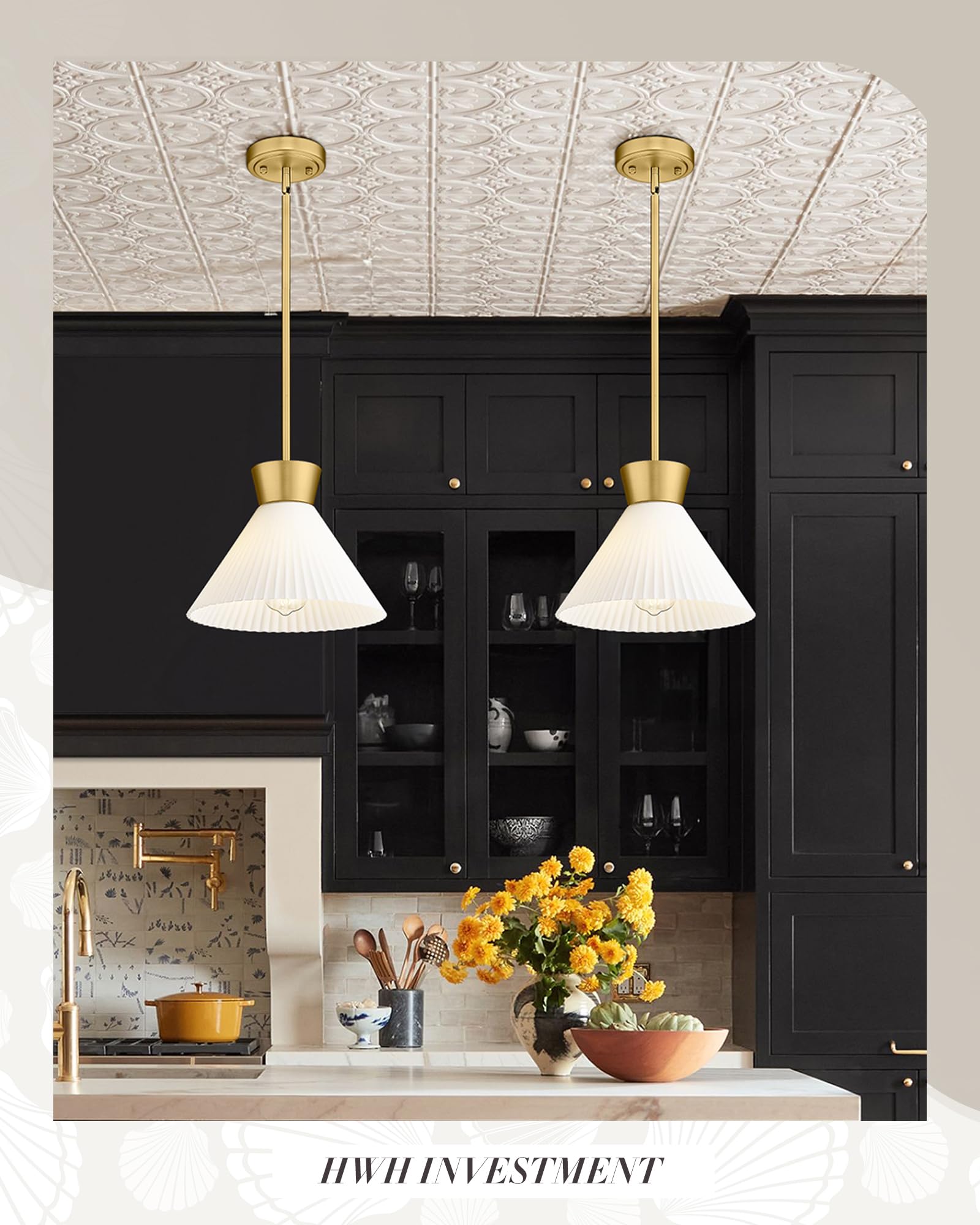 3-Light Pendant Lighting, HWH Modern Glass Pendant Lights Kitchen Island 3-Cluster, Adjustable Hanging Light Fixture Black Gold Finish Frosted Milk White Shade, 5HZG97-3 BK+BG