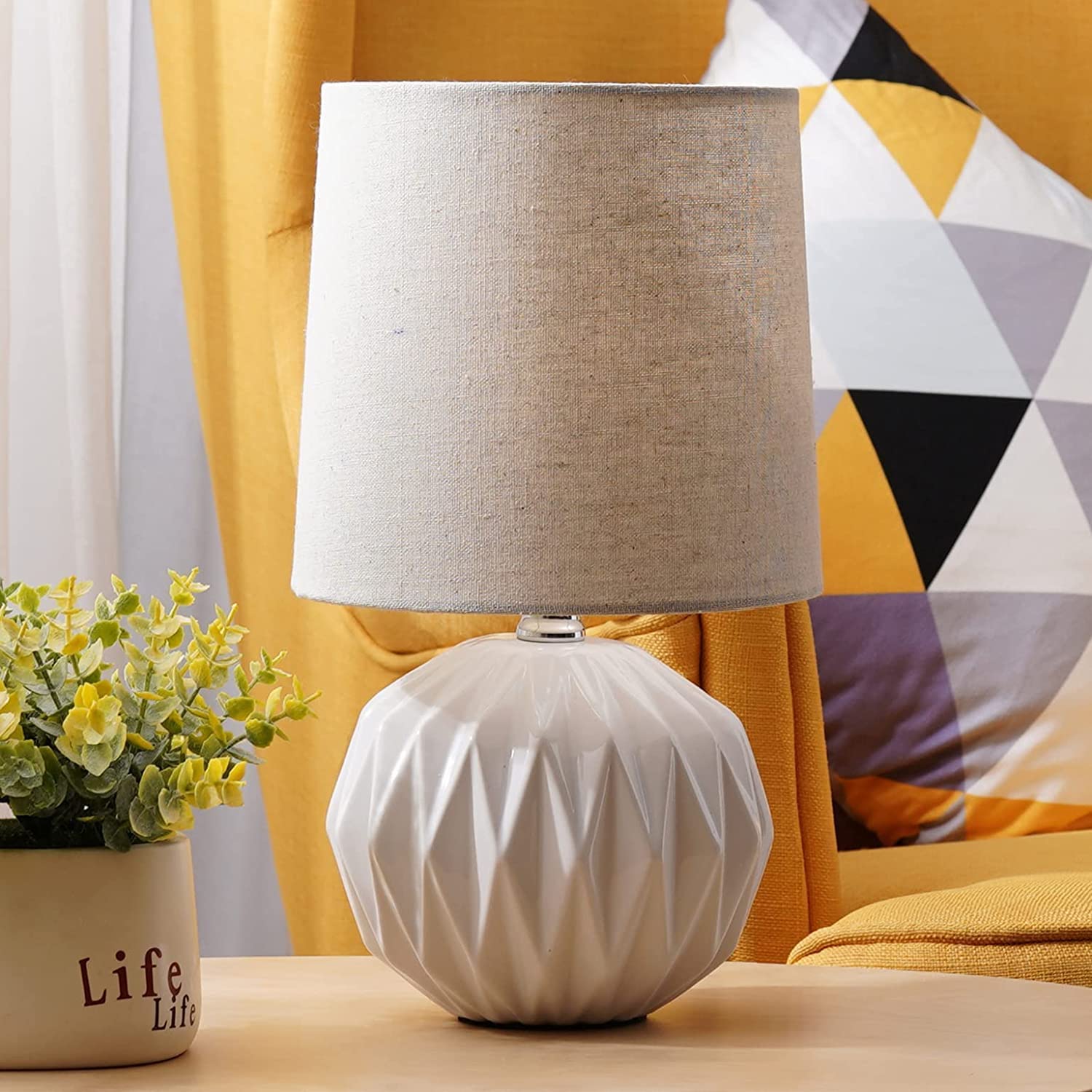 White Ceramic Table Lamp, Geometric Textured Small Bedside Lamp with Linen Shade, Mid Century Modern Nightstand Lamp for Bedroom Living Room Reading Room, H 12" x W 6.7"