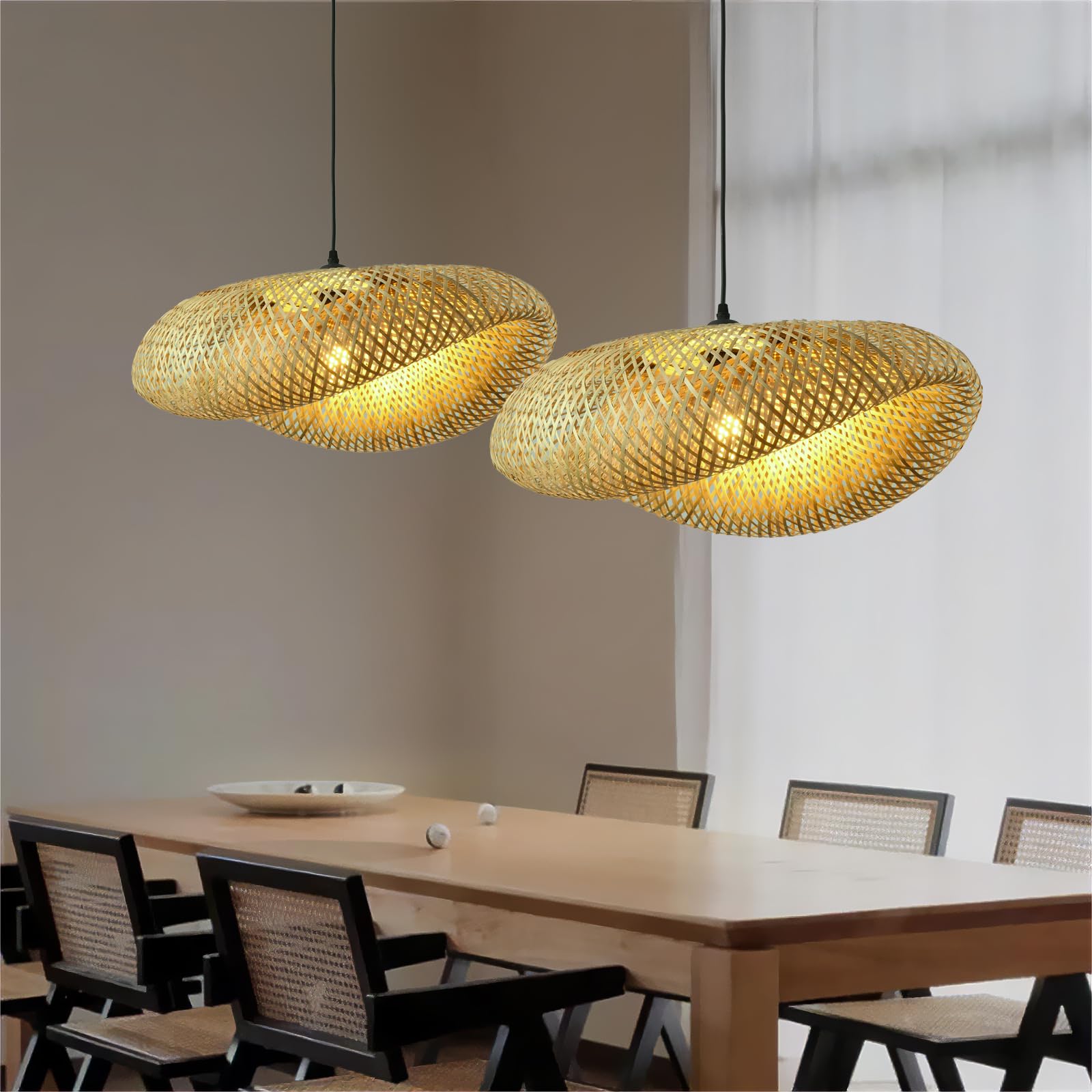 18.12" Bamboo Chandelier, Bohemian Style Hand Woven Bamboo Willow Chandelier for Kitchen Island Dining Room Living Room Farmhouse