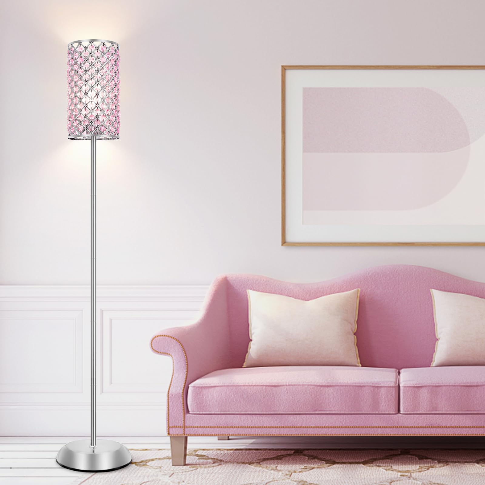 Crystal Floor Lamp, Elegant Standing Lamp Modern Floor Lamp Silver Finish Tall Pole Lamp Accent Light with On/Off Foot Switch for Living Room, Girl Bedroom, Dresser, Office