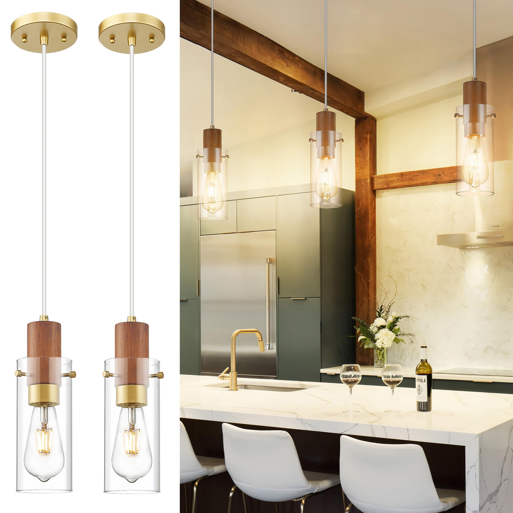 Emak Gold Pendant Light Fixtures, 3-Light Pendant Lights with Clear Glass Shade, Modern Farmhouse Hanging Lights for Kitchen Island, Dining Room, Bathroom, Bedroom, PL120-GD-CL