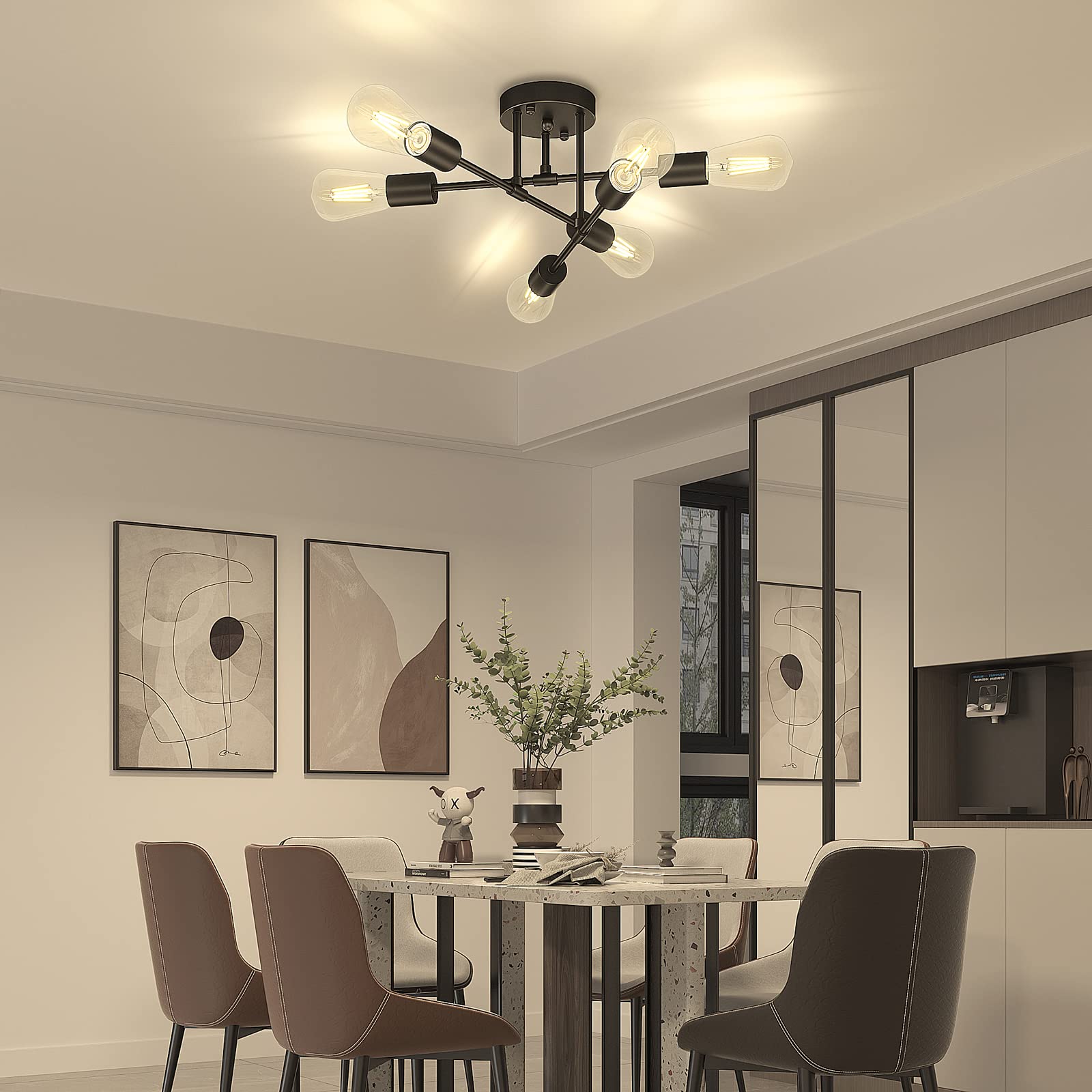 6-Lights Semi Flush Mount Ceiling Light, Mid-Century Modern Black and Gold Sputnik Ceiling Lighting, Industrial Kitchen Light Fixtures Ceiling Mount for Dining Room Hallway Living Room