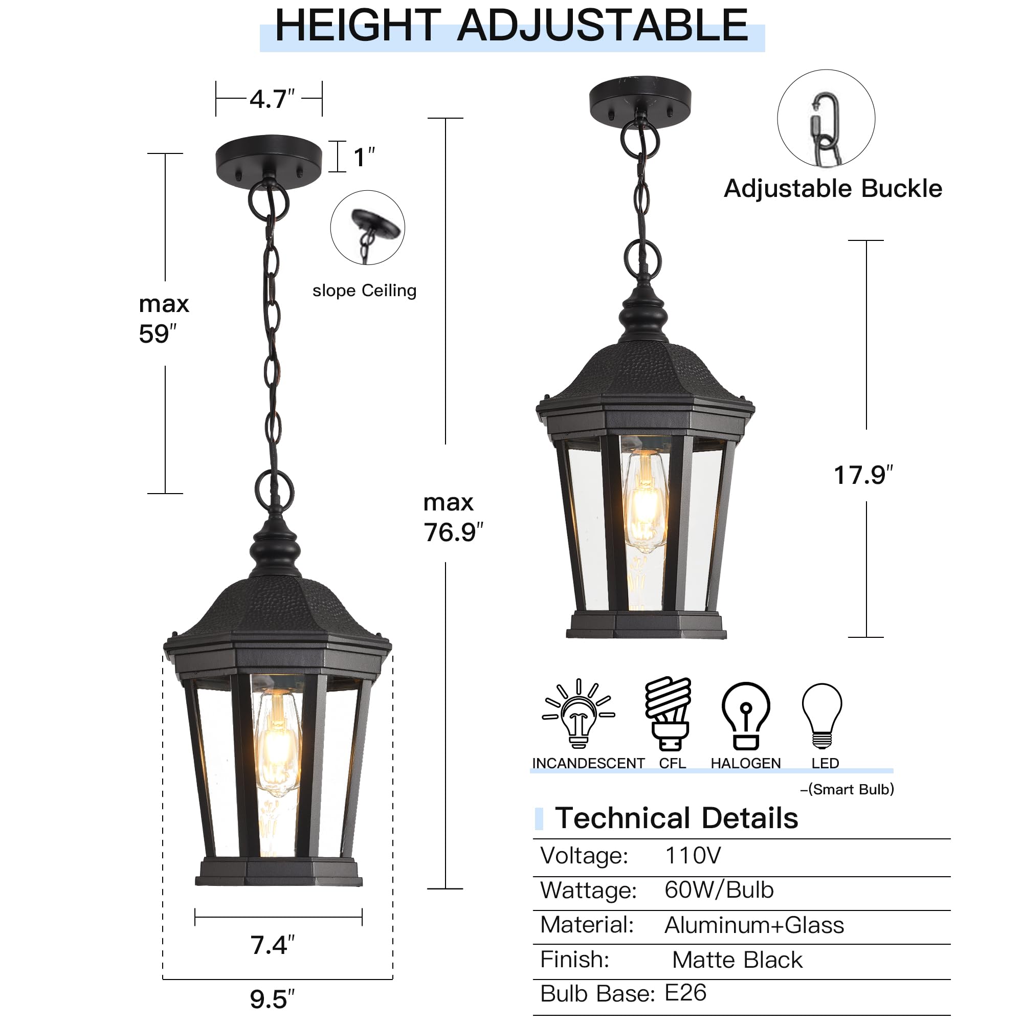 Large Outdoor Pendant Porch Light, 17.5''H Outdoor Hanging Lights, Waterproof Outside Chandelier Light, Black Exterior Hanging Front Lights with Clear Glass for Porch, Patio, Entryway