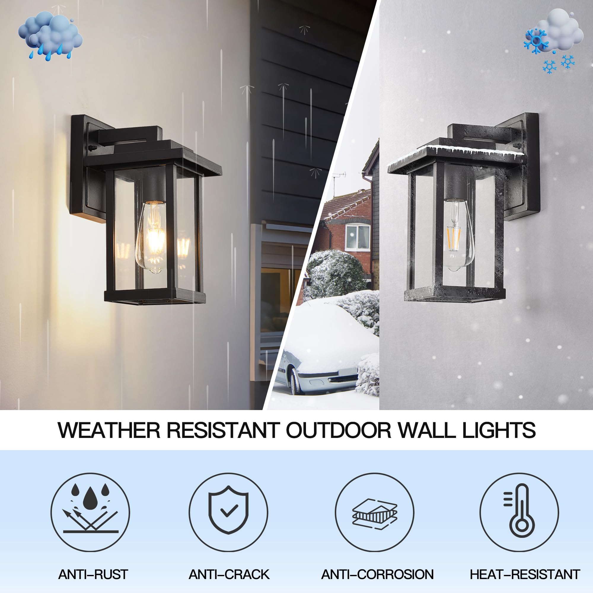 Outdoor Wall Light Fixtures, Modern Exterior Wall Mount Lanterns, Outside Wall Sconces in Black Finish with Clear Glass for Porch Patio Farmhouse, 2-Pack