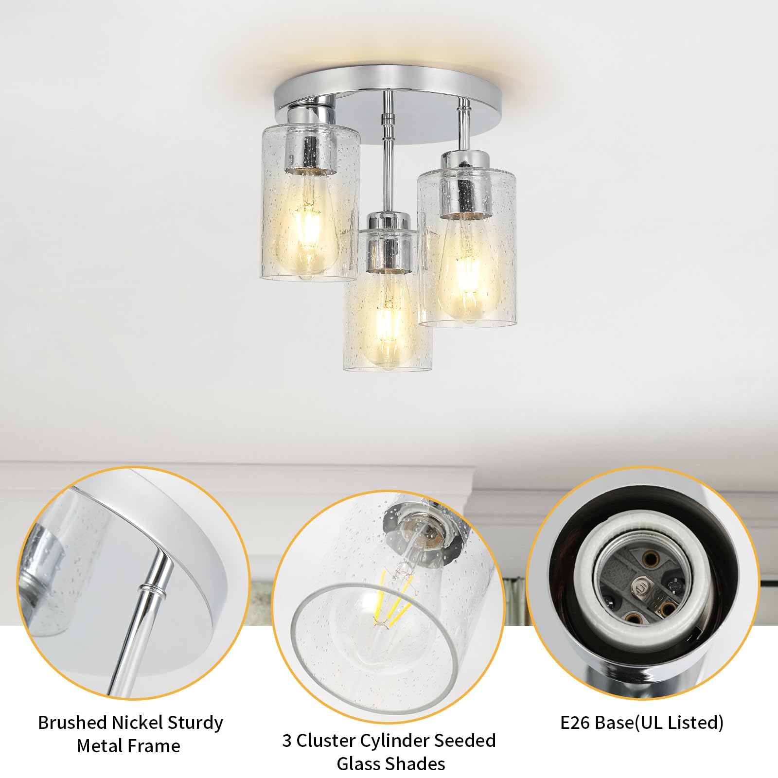 Semi Flush Mount Ceiling Light 3-Light Brushed Nickel Flush Mount Ceiling Light Fixtures with Clear Glass Shade, Modern Kitchen Ceiling Light for Bedroom Stairs Porch Hallway Entryway