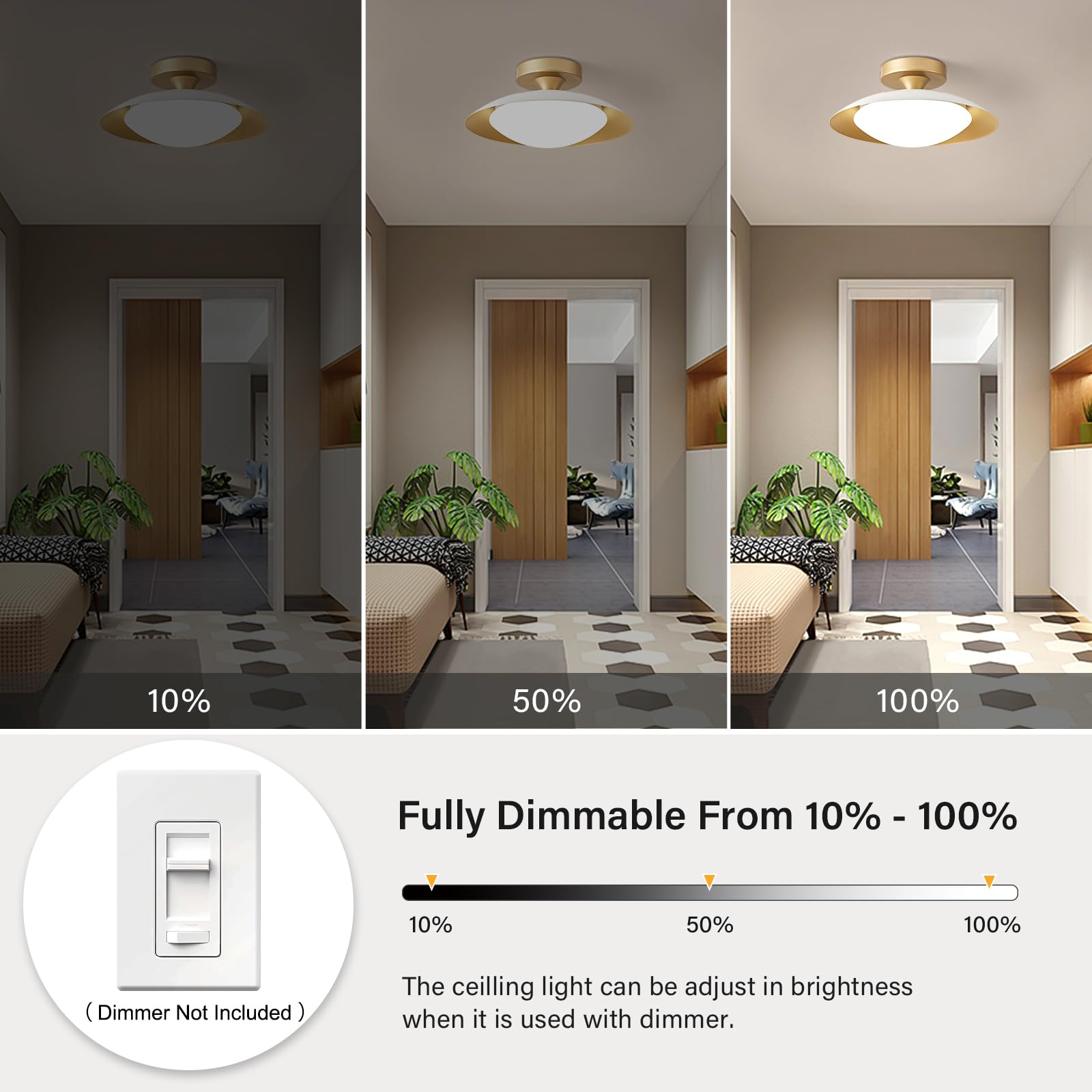 Dimmable White and Gold Ceiling Light, Mid-Century Semi-Flush Mount Ceiling Light, Modern LED Lighting Fixture, 5CCT 2700K-6000K Ceiling Lamp for Bedroom Hallway Laundry Room Kitchen 11.8 in