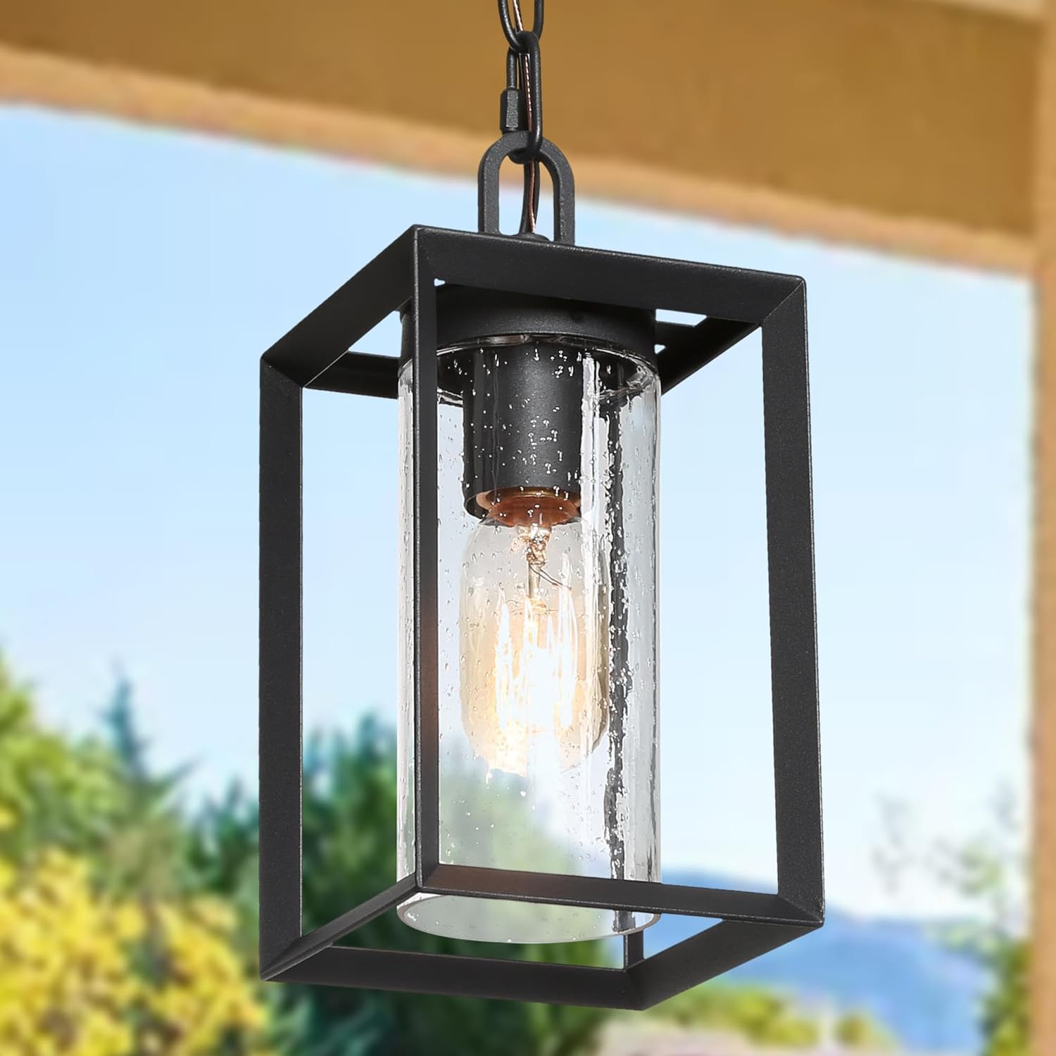 Outdoor Pendant Light, Black Outdoor Pendant Lights for Porch Exterior Hanging Light Fixture Anti-Rust Rectangle Porch Lights Pendant Lighting with Seeded Glass