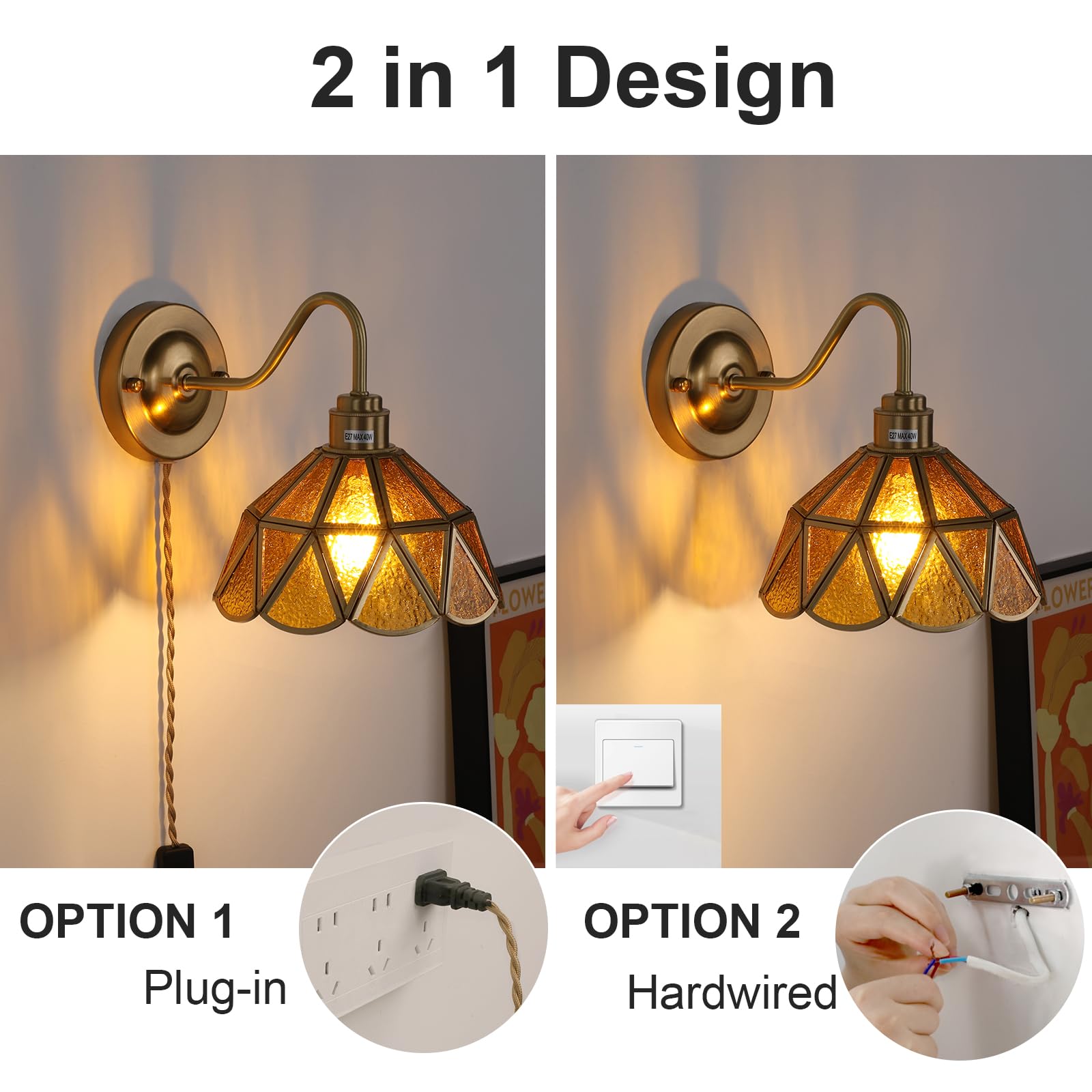 Wall Sconce, Wall Mounted Lamps with Green Checker Sconce, Stained Glass Shade Brass Wall Lights Fixture with Plug in Cord and Switch for Bedroom Bathroom Living Room Hallway