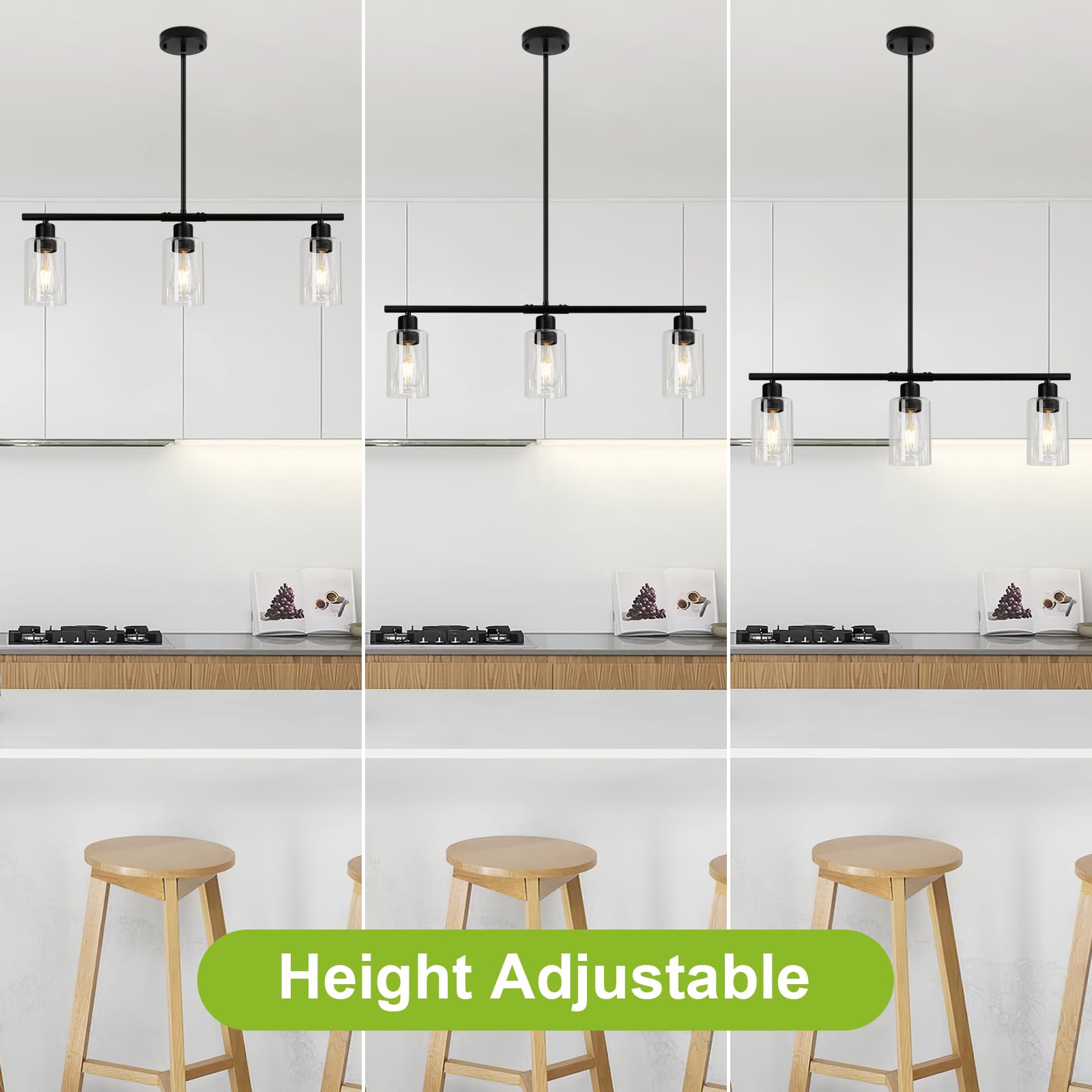 3 Lights Kitchen Island Lighting, Black Pendant Light Fixtures with Glass Shade Dining Room Light Fixture Adjustable Farmhouse Chandelier Modern Pendant Lights Ceiling Hanging Lighting E26 Base