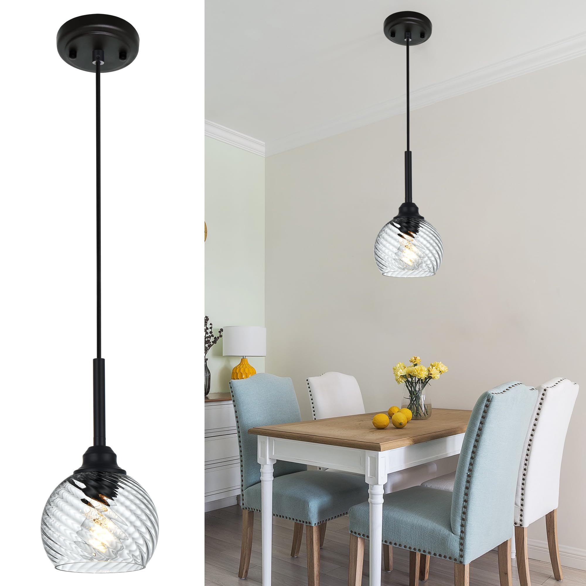 3 Light Island Lights for Kitchen with Striped Swirl Globe Glass, Black Linear Hanging Pendant Light Fixture Farmhouse Chandelier for Dining Room Bar Living Room