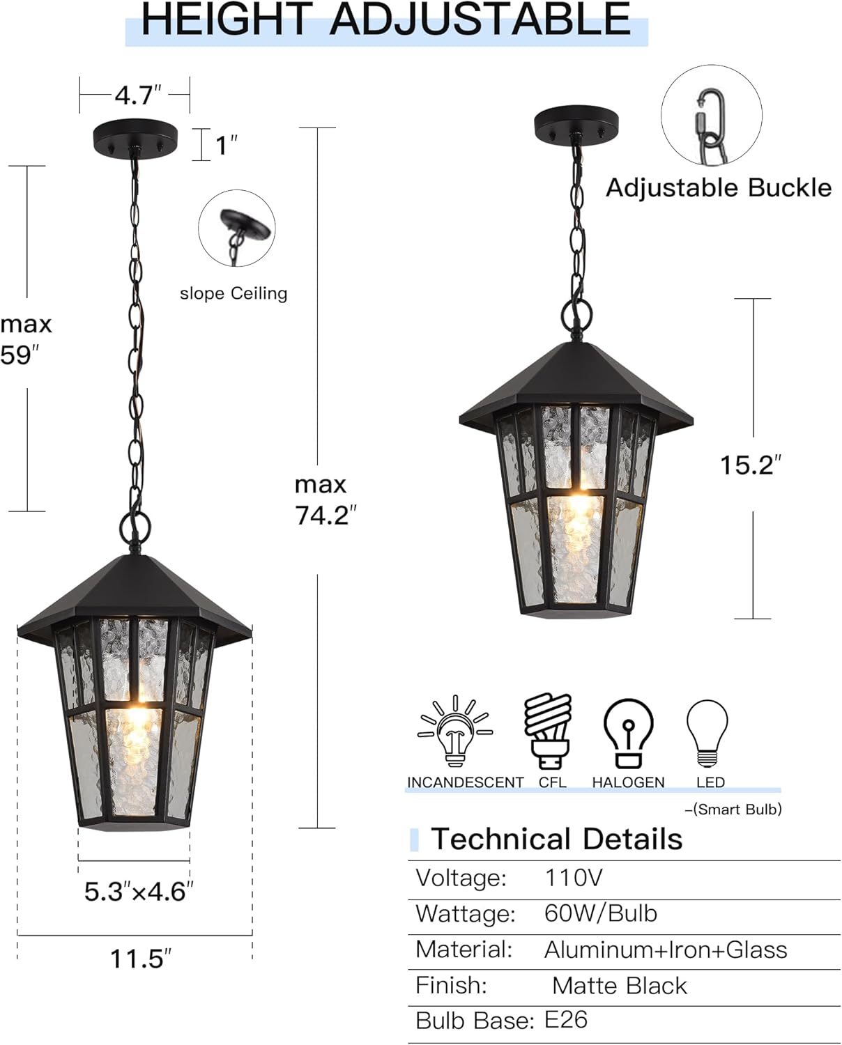 Outdoor Pendant Light, Black Large Outdoor Chandelier, Waterproof Exterior Hanging Lantern, Outside Hanging Porch Light with Water Glass for Patio Farmhouse Foyer