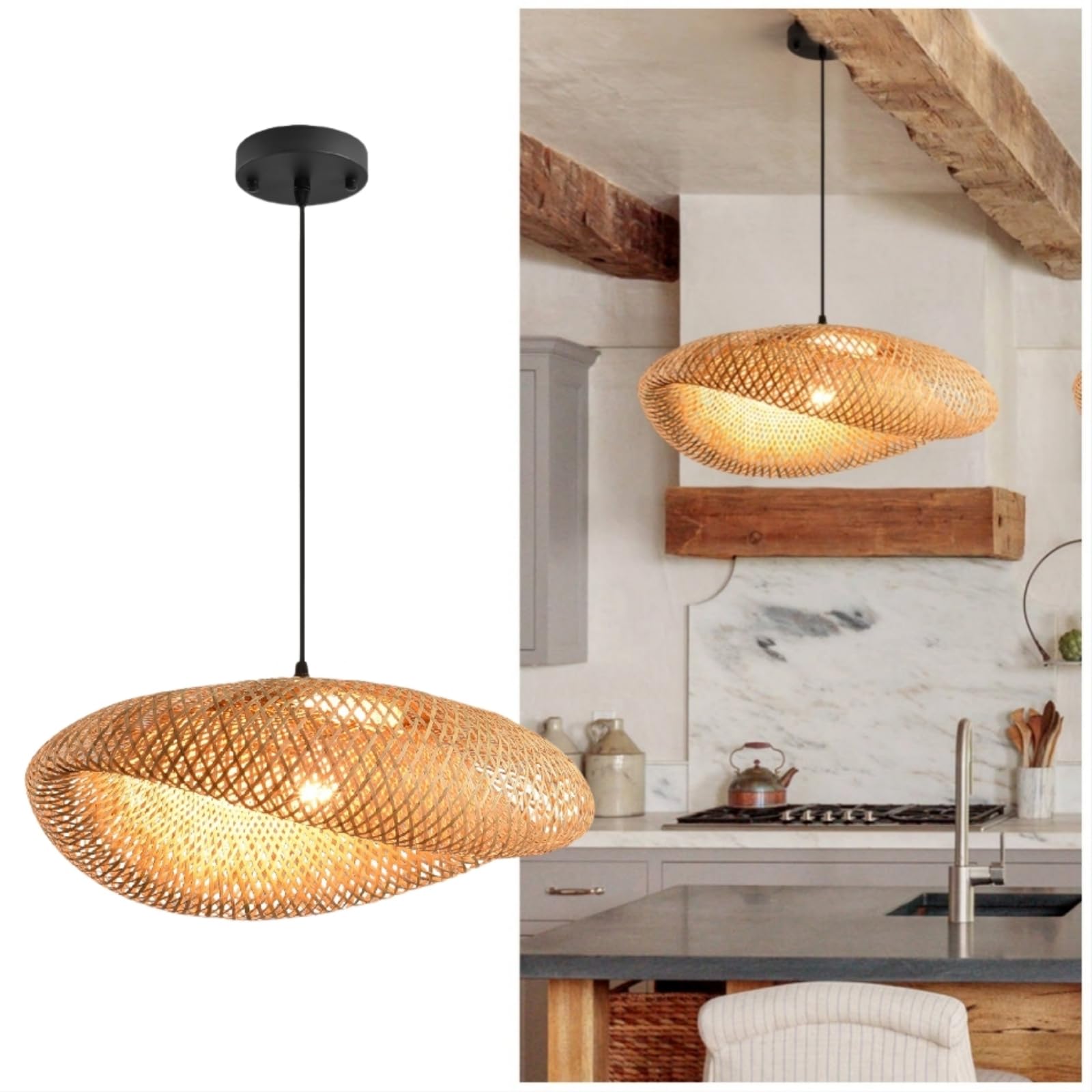 Boho Bamboo Pendant Light, 23.64in Bohemian Hand-Woven Rattan Chandelier Coastal Wicker Lighting Fixtures Hanging Lamp for Kitchen Island Dining Living Room Restaurants Bedroom