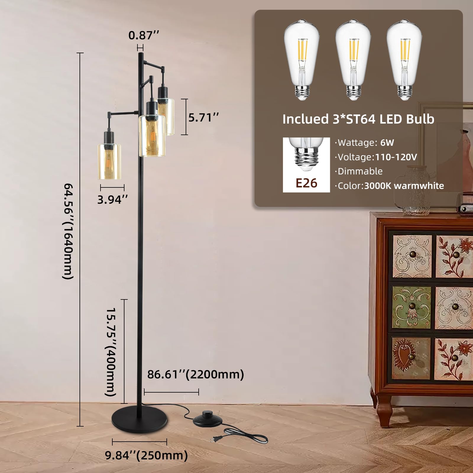 Farmhouse Floor Lamp for Living Room Bedroom, 3-Lights Floor Lamp with On/Off Foot Switch, Tall Pole Tree Standing Lamp Oil Rubbed Bronze with Amber Glass Shade, LED 3 Bulbs Included