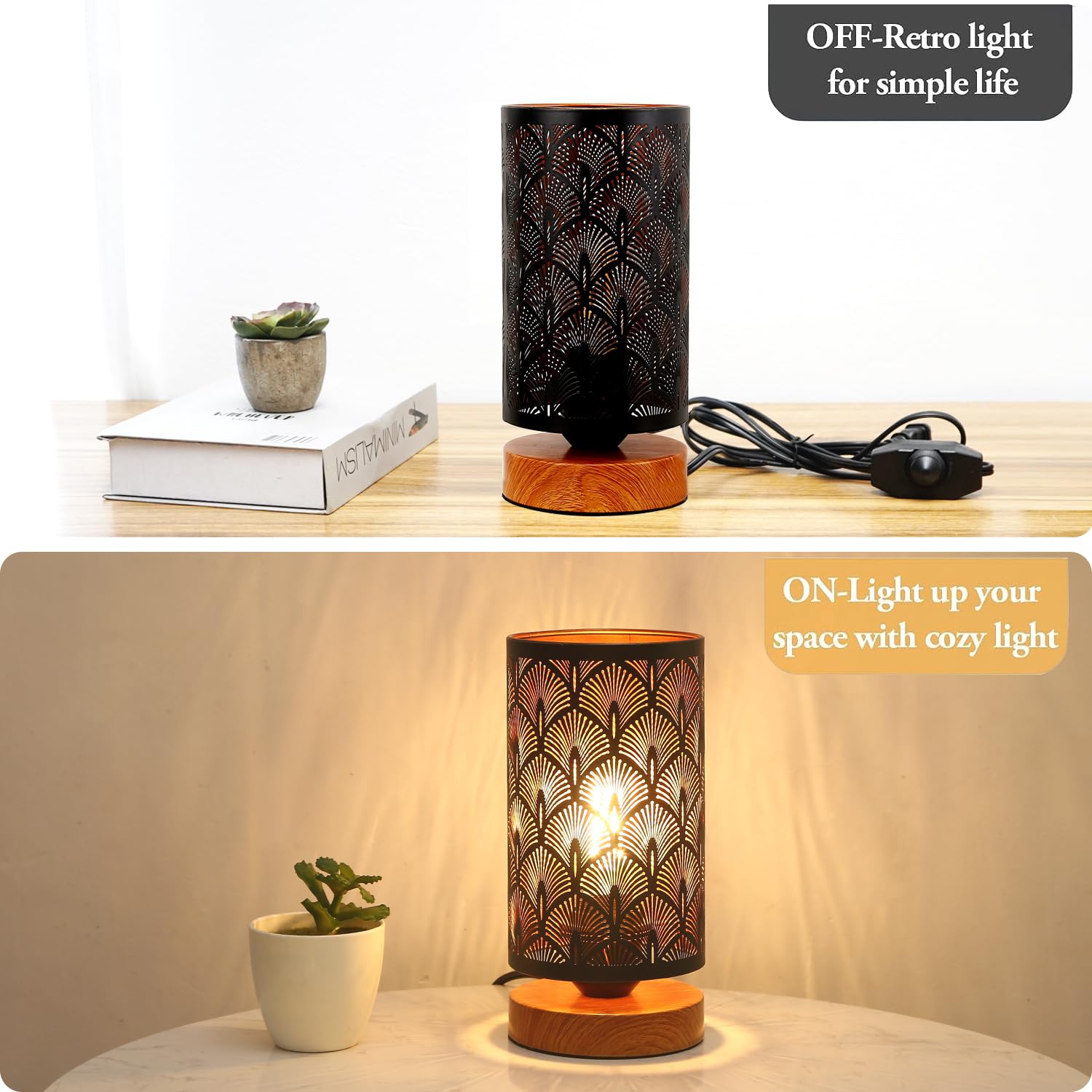 Black Metal Table Lamp, Stepless Dimmable Small Bedside Lamp,Rustic Style Little led Desk Lamp with Hollow-Carved Lampshade, Modern Industrial Nightstand Lamp for Bedroom, Living Room Home Decor