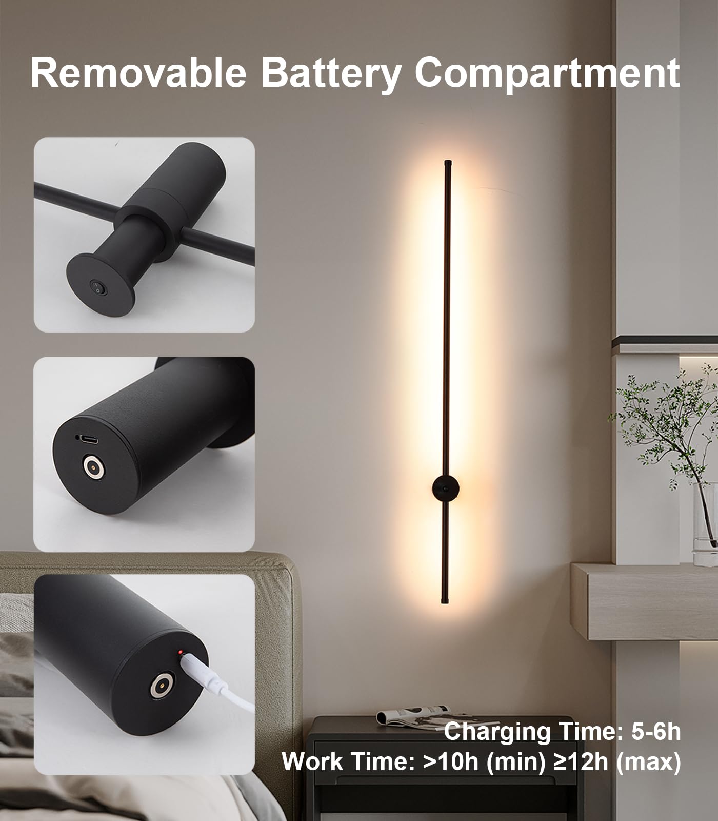 Battery Operated Wall Sconce Set of Two, USB Rechargeable LED Wall Lights with Remote Control, Dimmable Cordless Wall Lamp Indoor, 360° Rotation Reading Lamp for Living Room, Bedroom, Black - 23.62in