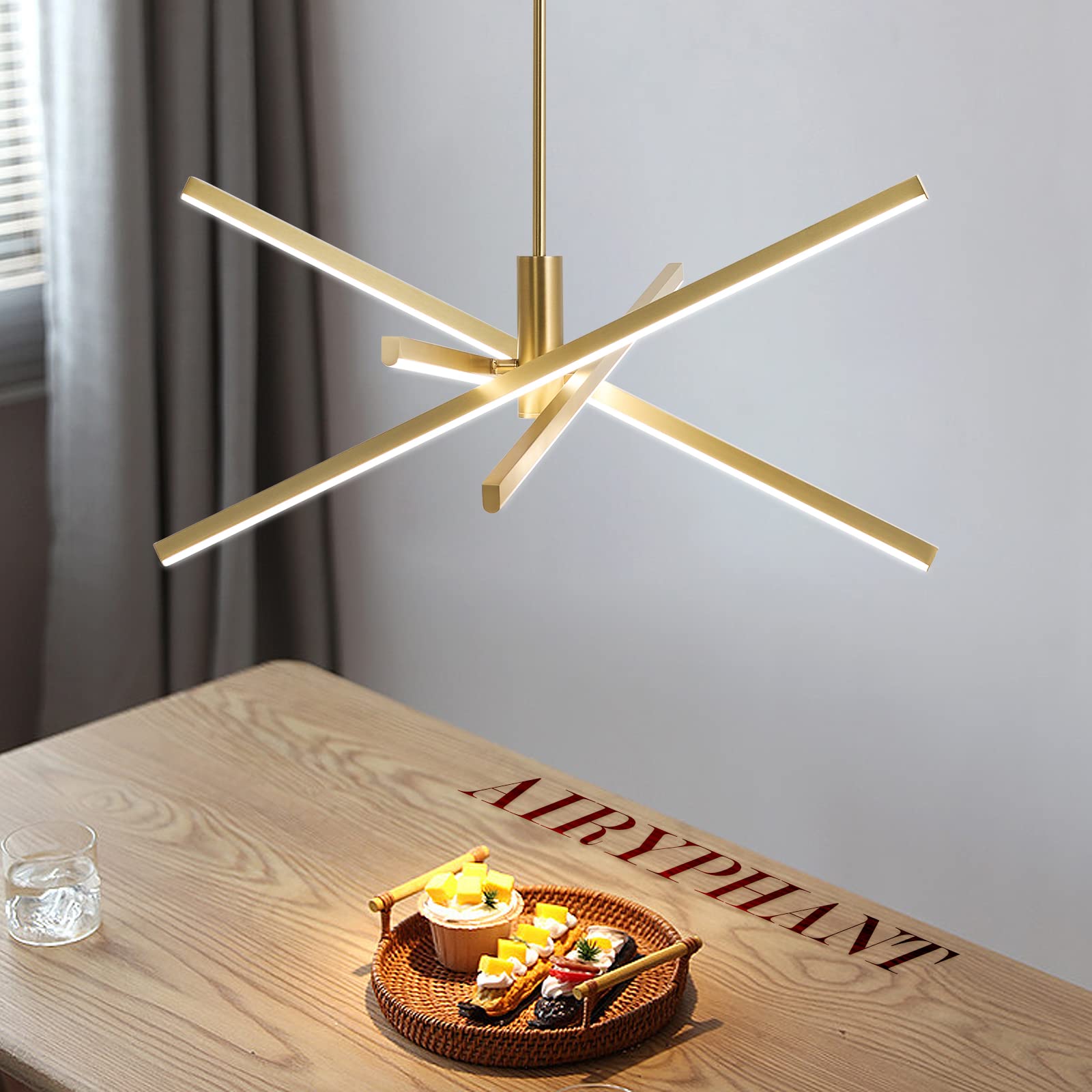 Gold Modern LED Chandelier, Dimmable 4 Lights Ceiling Pendant Lighting for Dining Room Living Room Kitchen Island Bedroom Foyer 3000K/4000K/5000K 3CCT Selective, 27.76in