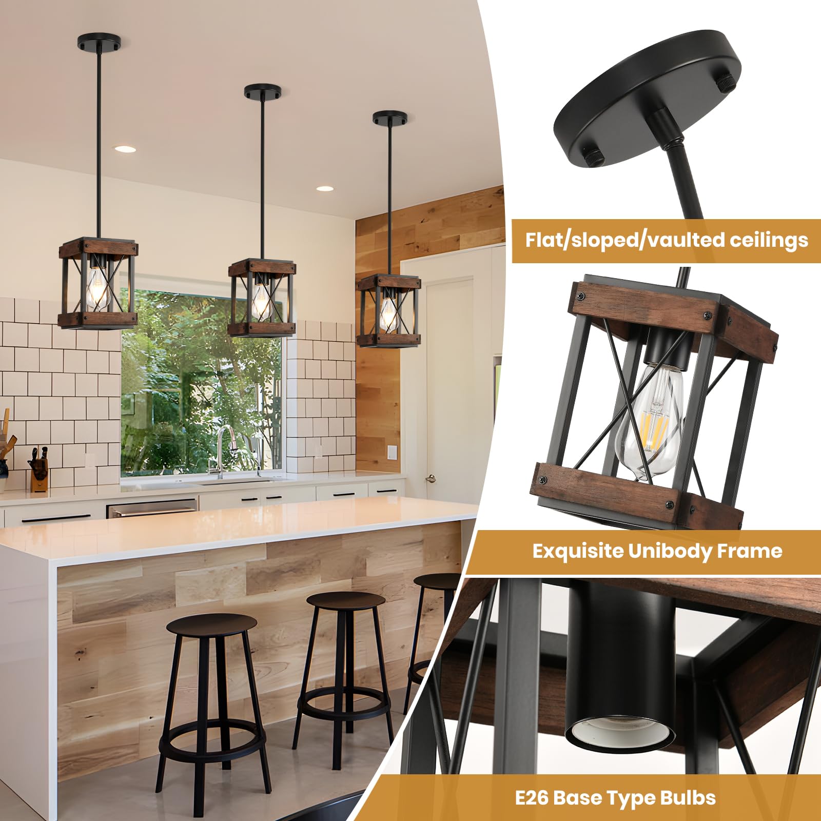 Farmhouse Kitchen Island Light, 3 Lights Pendant Lighting Fixture, Rustic Wood Chandelier, Adjustable Height Metal Linear Light for Dining Room Kitchen Bar Pool Table.