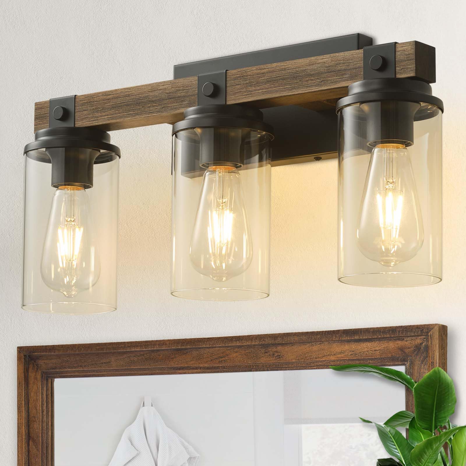 Farmhouse Bathroom Light Fixture Wood Black Vanity Lighting 2-Light Wooden Wall Sconce Industrial Rustic Wall Light Fixtures Over Mirror with Clear Glass Shade for Bathroom Hallway Kitchen Bedroom