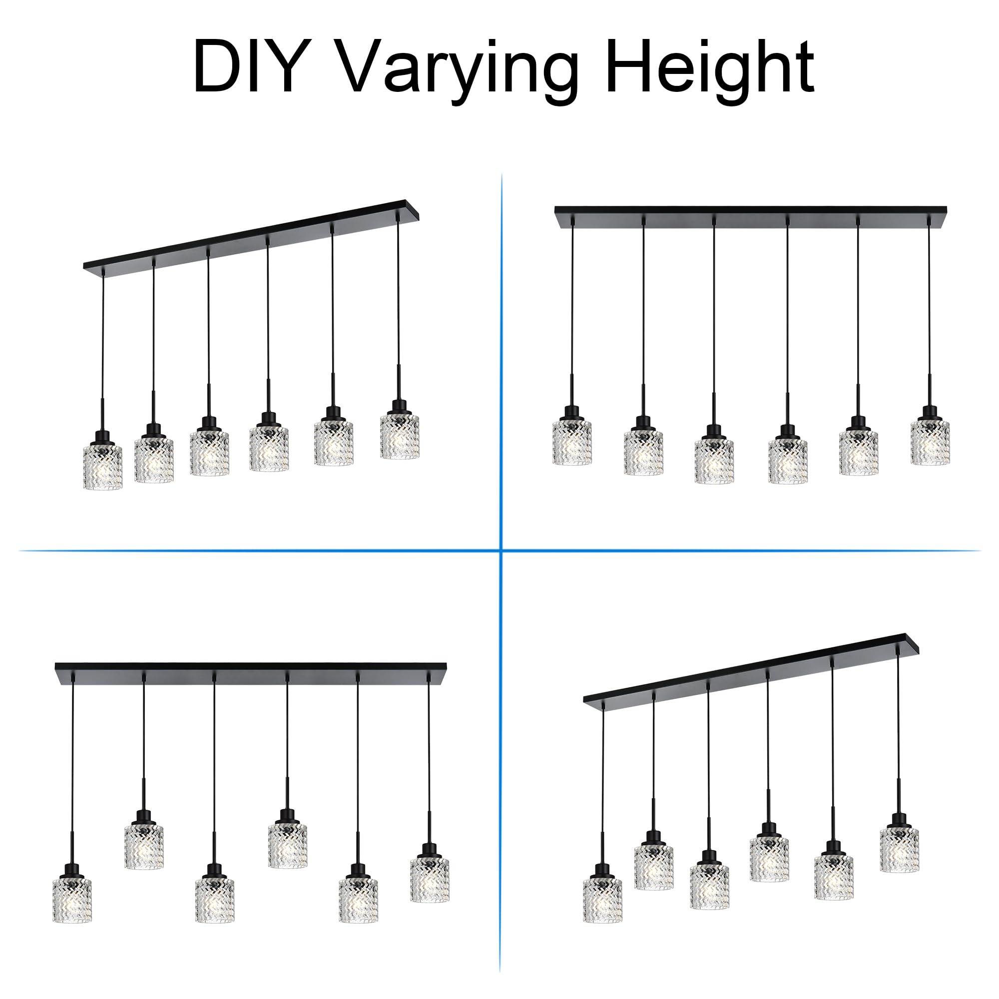 6 Lights Linear Chandeliers for Dining Room, Black Island Lighting Fixture Hanging Pendant Lights with Hammered Glass Shade for Kitchen Island, Dining Hall, Bar