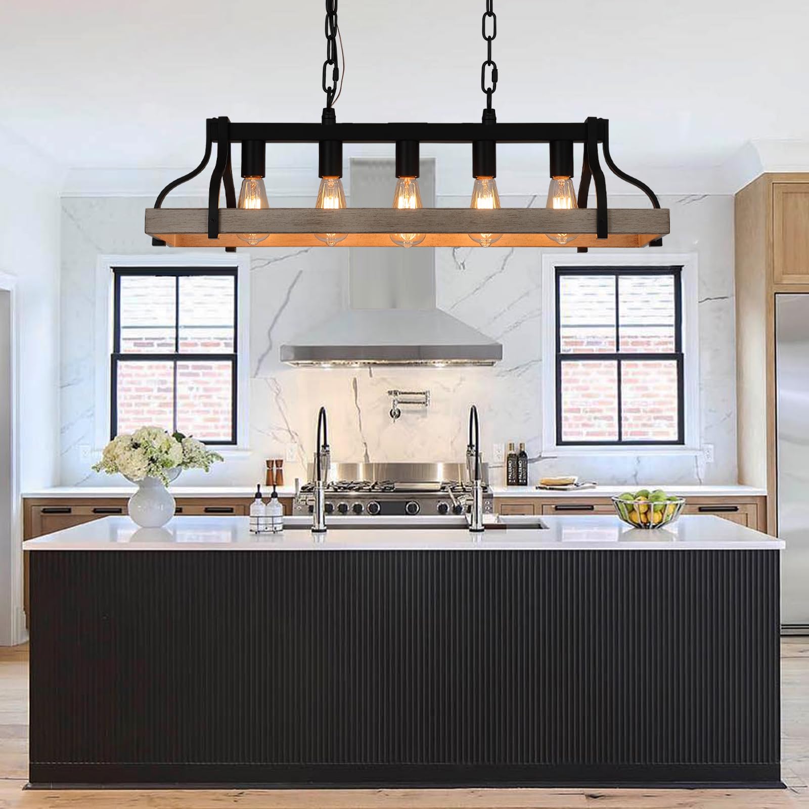 Rustic Kitchen Island Dining Room Light Fixture Farmhouse Linear Chandelier Black and Retro Wood Finish 5-Light Industrial Metal Hanging Pendant Light UL Listed L33.5 W10.6