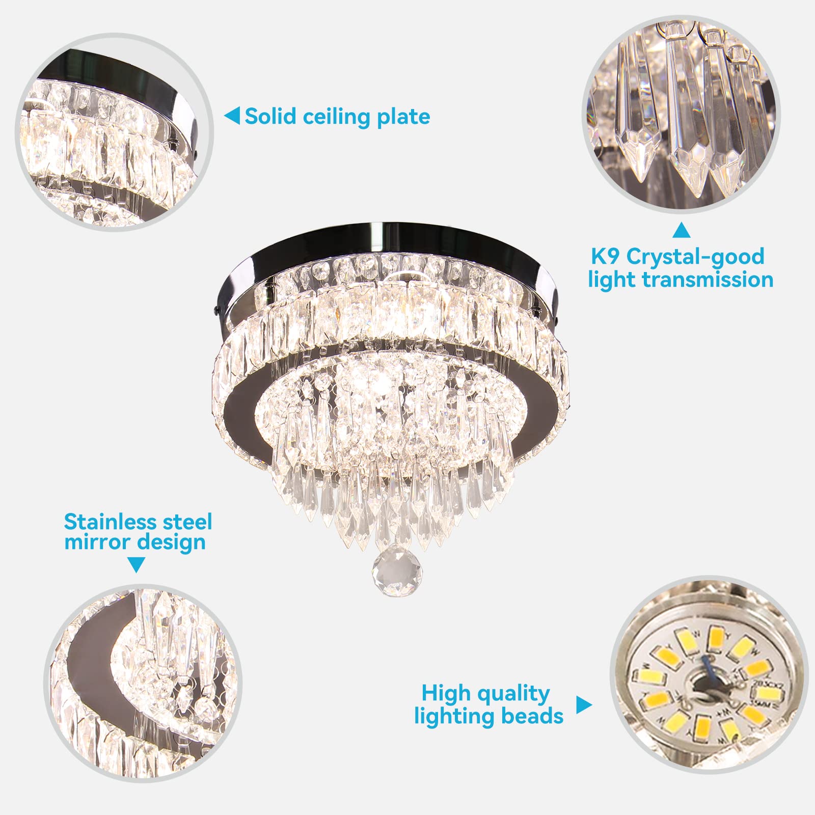 11.8" Crystal Chandelier LED Crystal Flush Mount Ceiling Light Modern Crystal Chandeliers for Bedrooms Dining Room Hallway (6500K Cool White) Without Remote Control